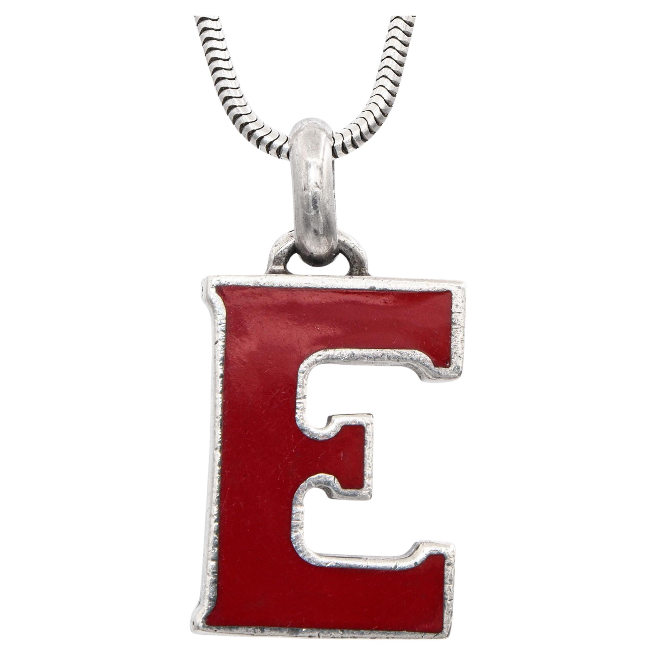 Gucci Sterling Silver Red Enamel Letter E Pendant Necklace on Les Bernard Chain