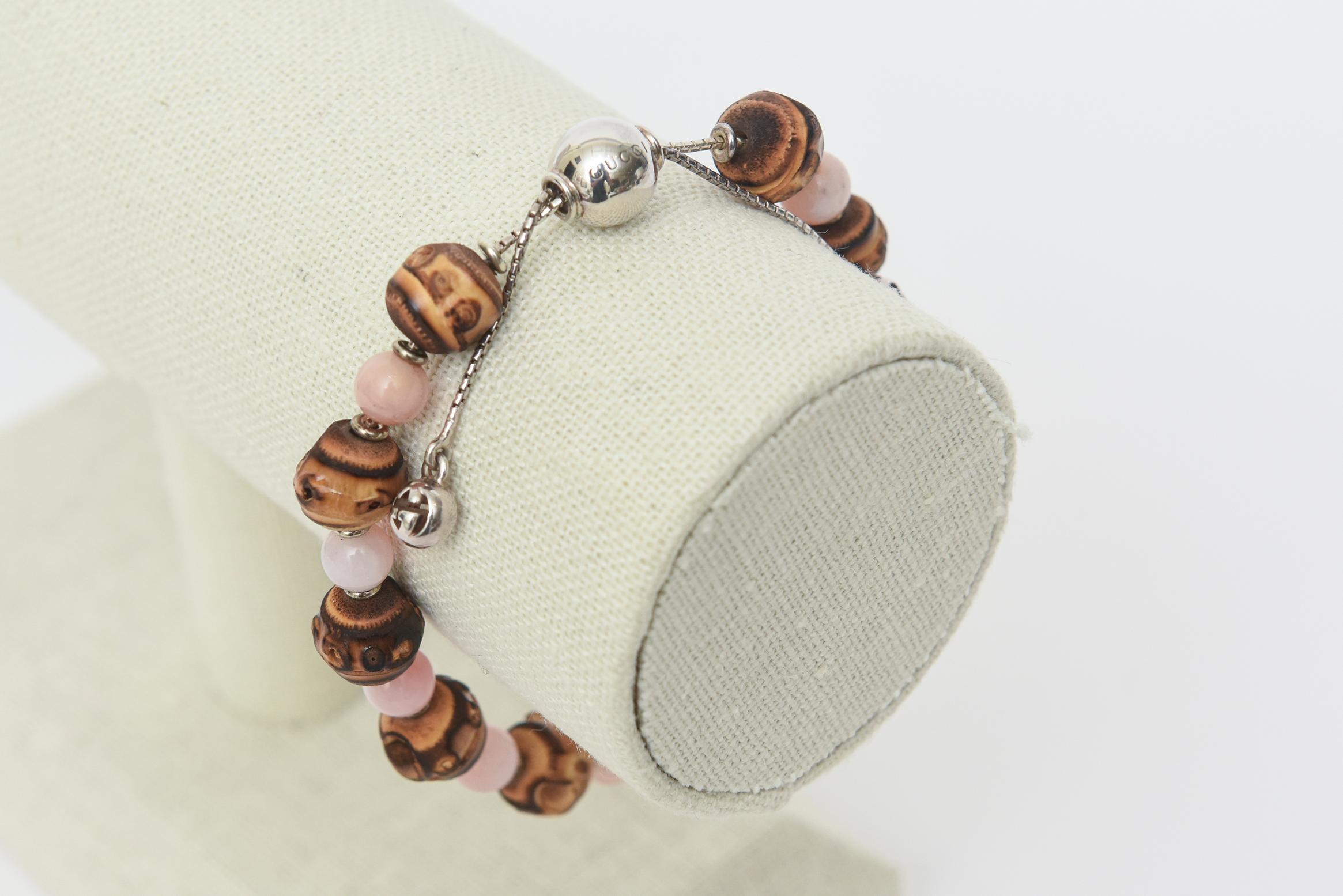 Gucci Sterling Silver & Rose Quartz And Brown Stone Bead Slide Bracelet Vintage For Sale 2