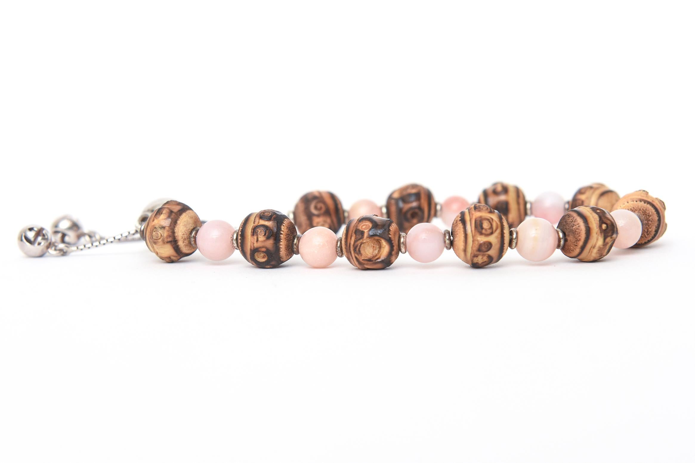  Gucci Slide-Armband aus Sterlingsilber, Rosenquarz und braunem Stein mit Perlen, Vintage Damen im Angebot