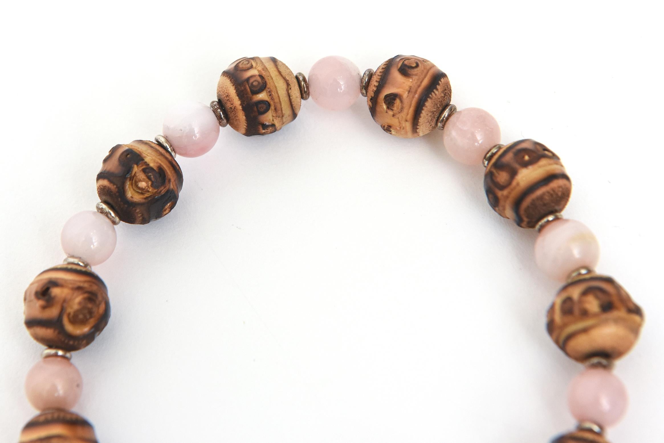 Gucci Sterling Silver & Rose Quartz And Brown Stone Bead Slide Bracelet Vintage In Good Condition For Sale In North Miami, FL