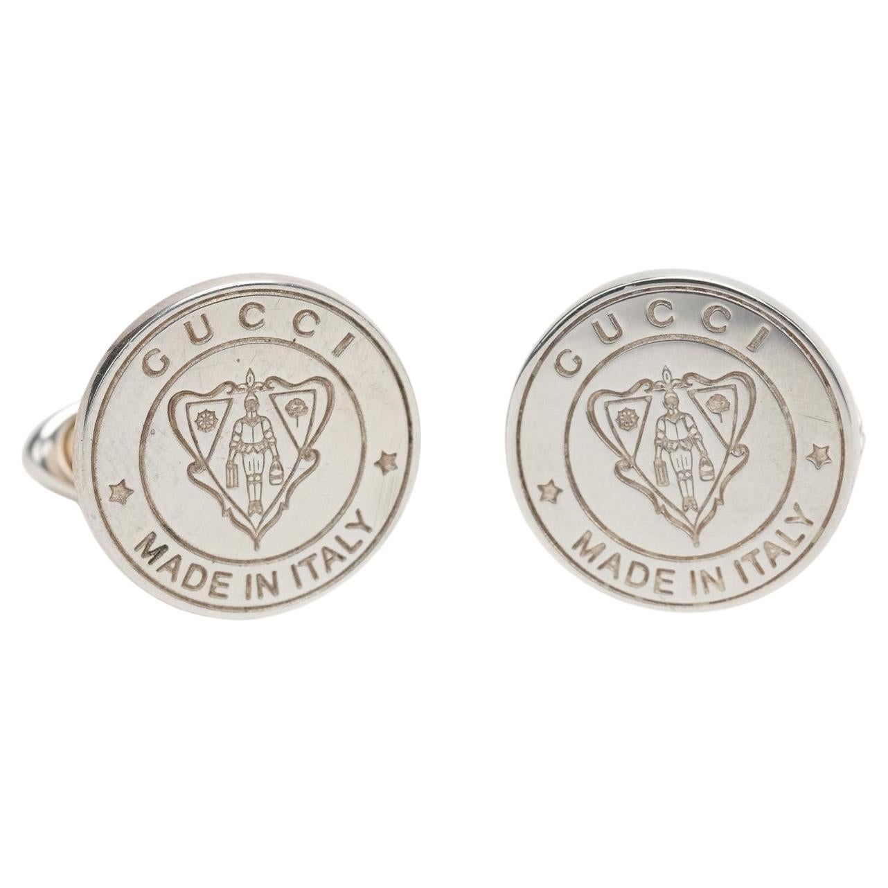 Gucci Sterling Silver Round Crest Cufflinks For Sale