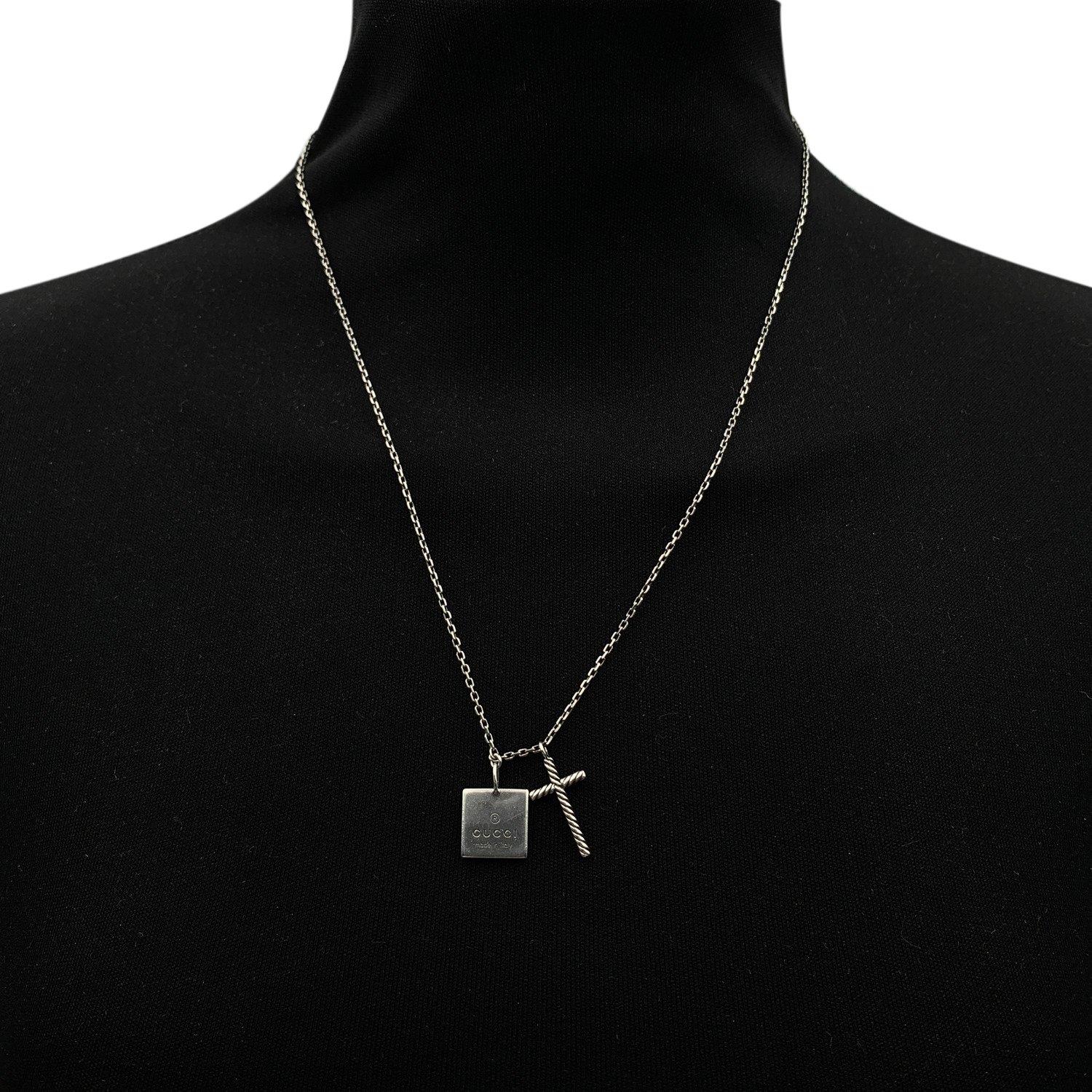 Women's Gucci Sterling Silver Square Logo and Cross Pendant Chain Necklace