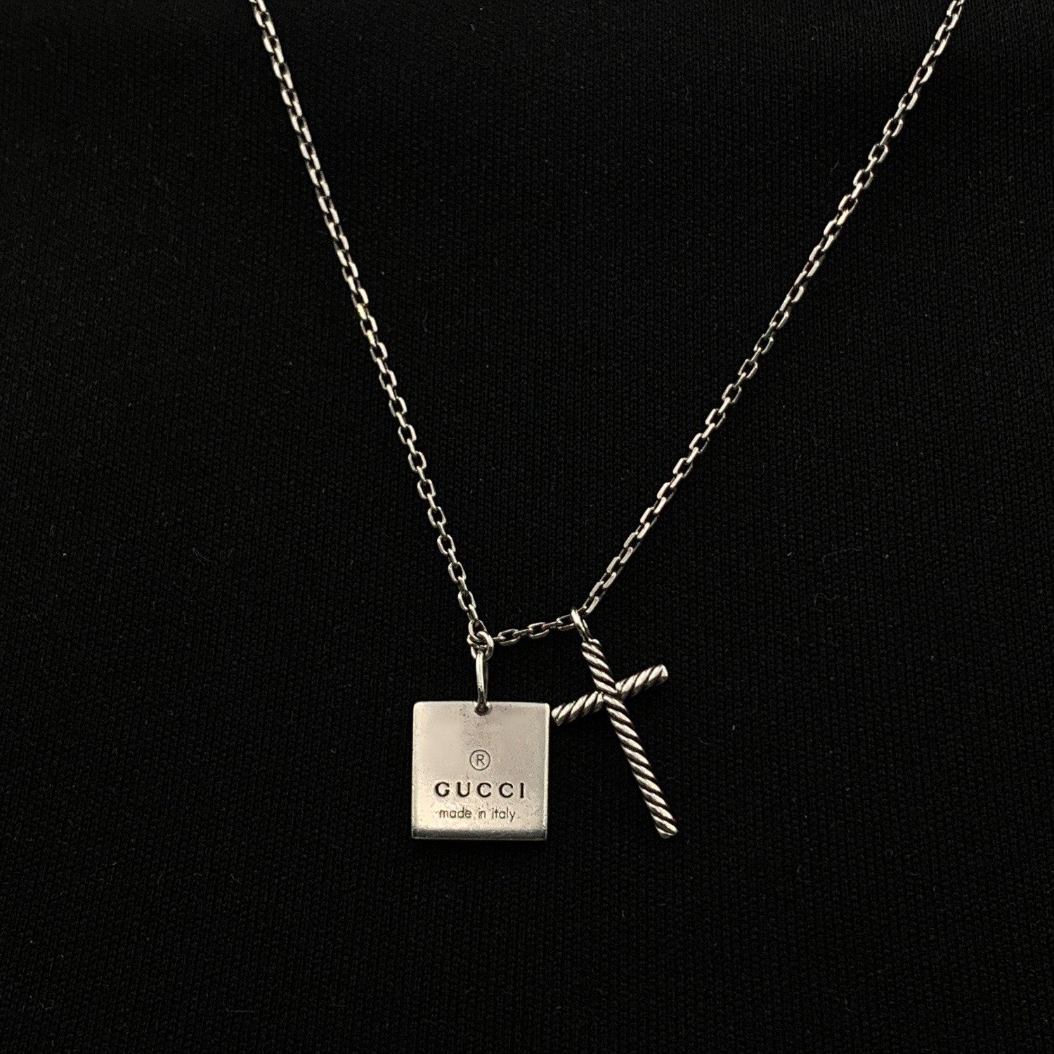 Gucci Sterling Silver Square Logo and Cross Pendant Chain Necklace 1