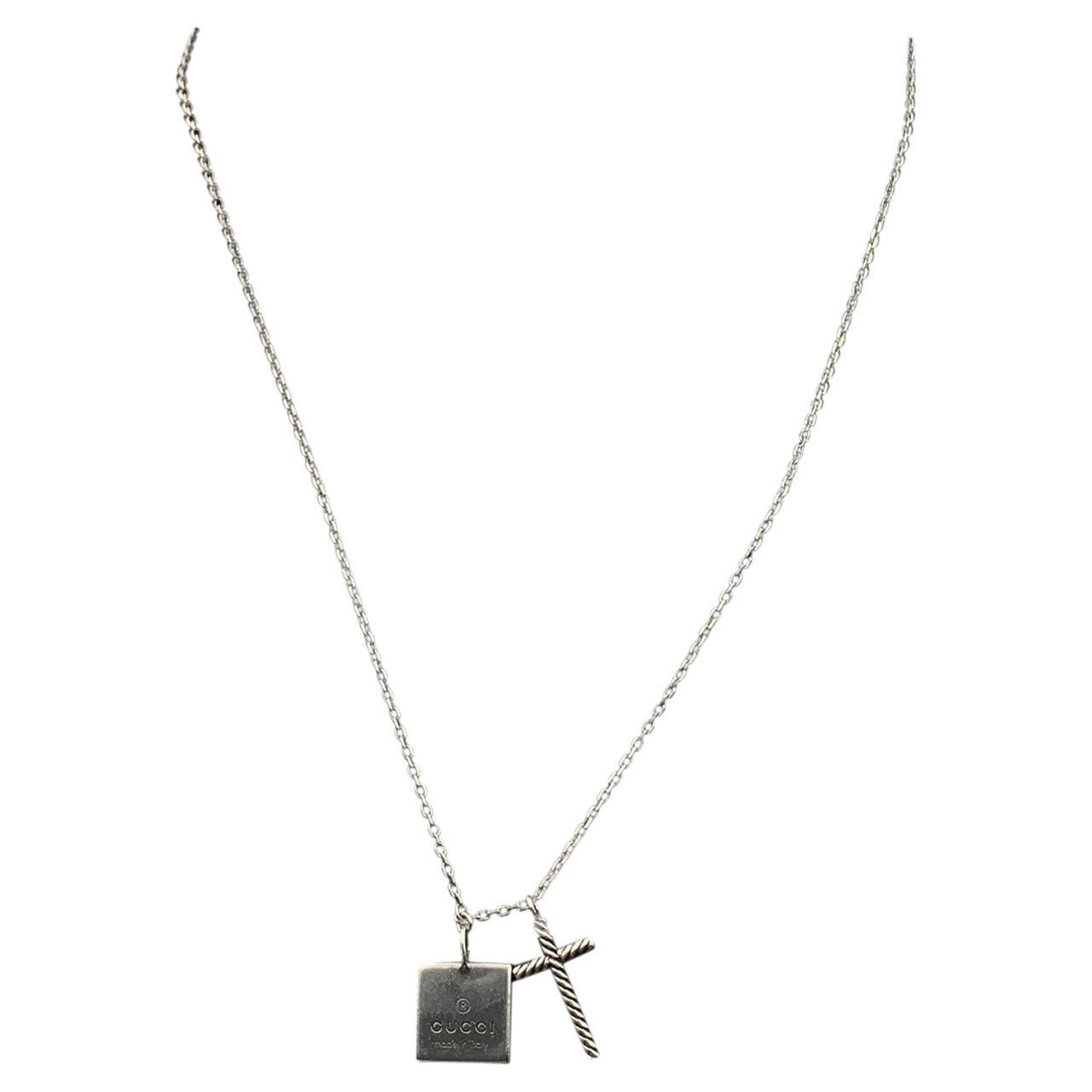 Gucci Sterling Silver Square Logo and Cross Pendant Chain Necklace