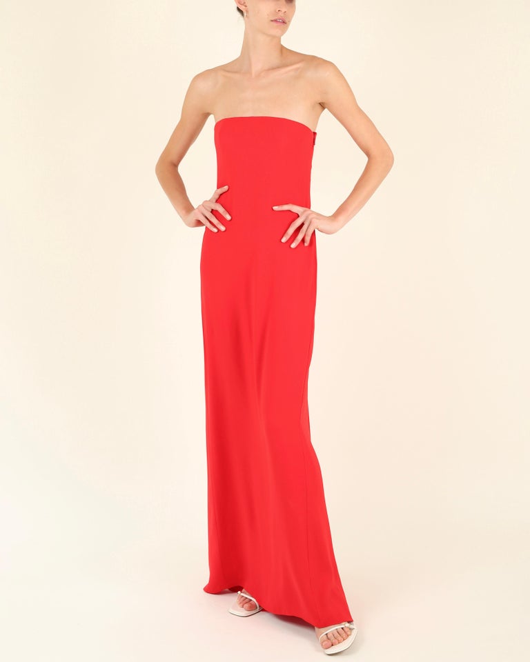 Gucci strapless bustier tie back red silk train column gown maxi dress IT  38 For Sale at 1stDibs