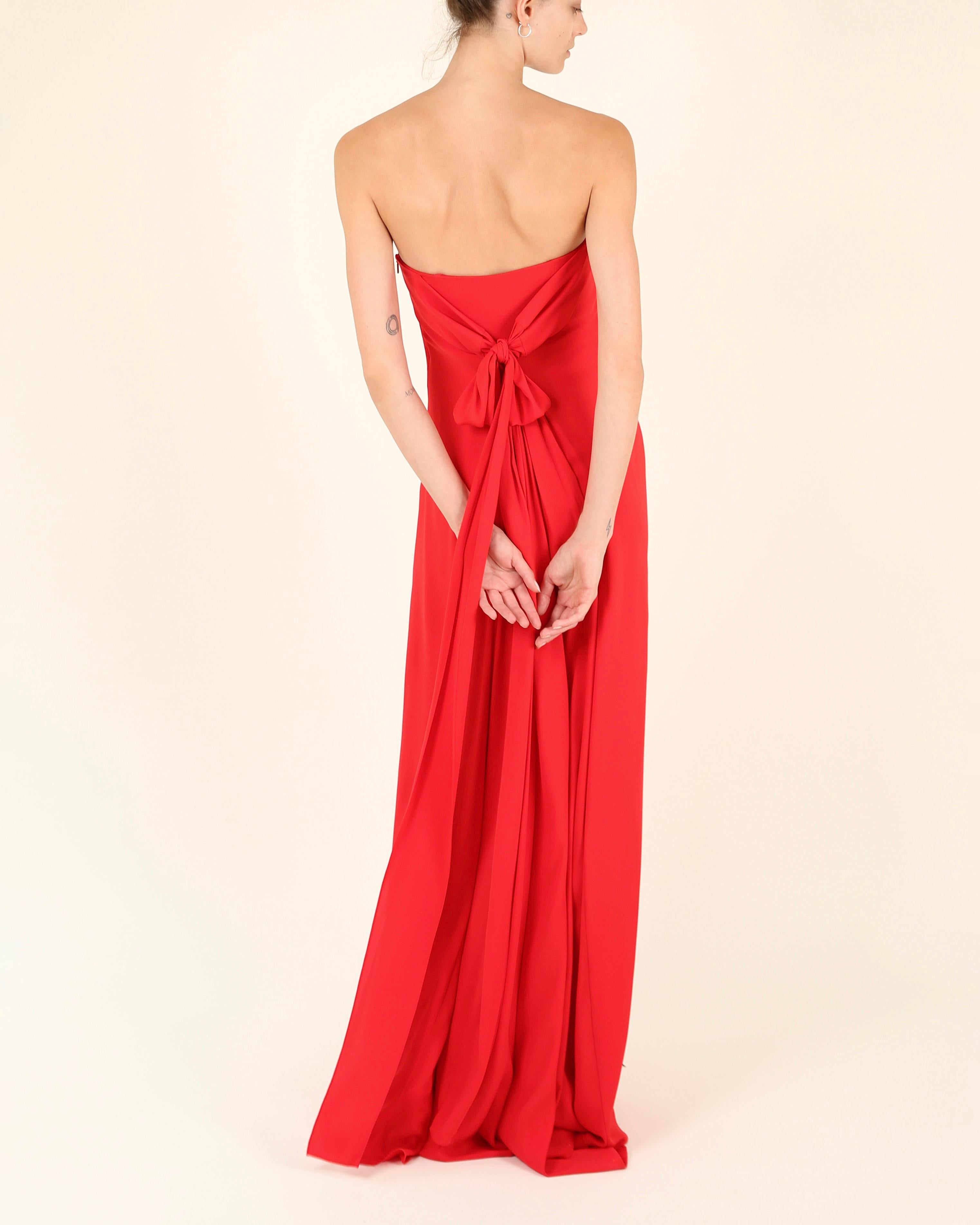 Gucci strapless bustier tie back red silk train column gown maxi dress IT 38 13