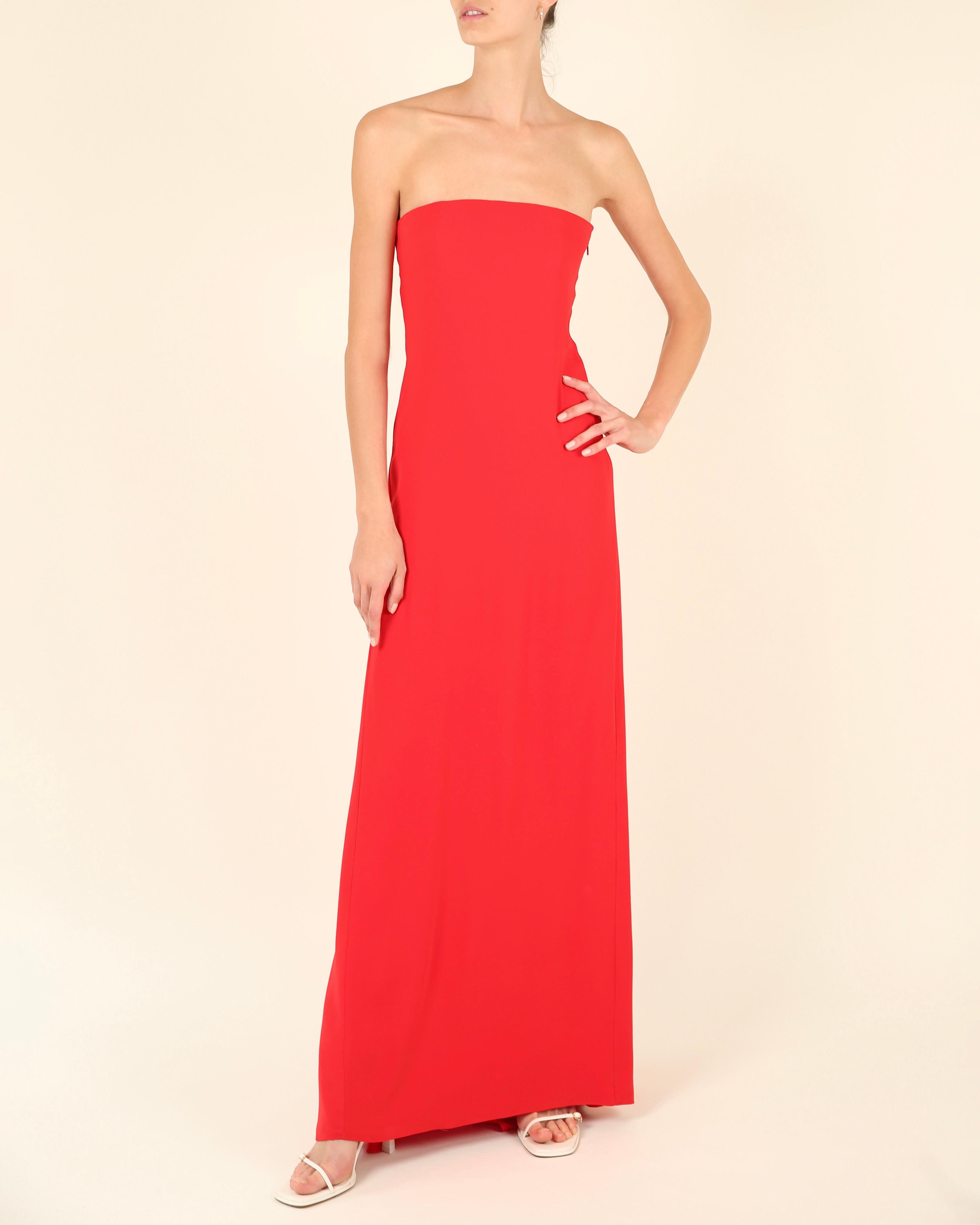 Women's Gucci strapless bustier tie back red silk train column gown maxi dress IT 38