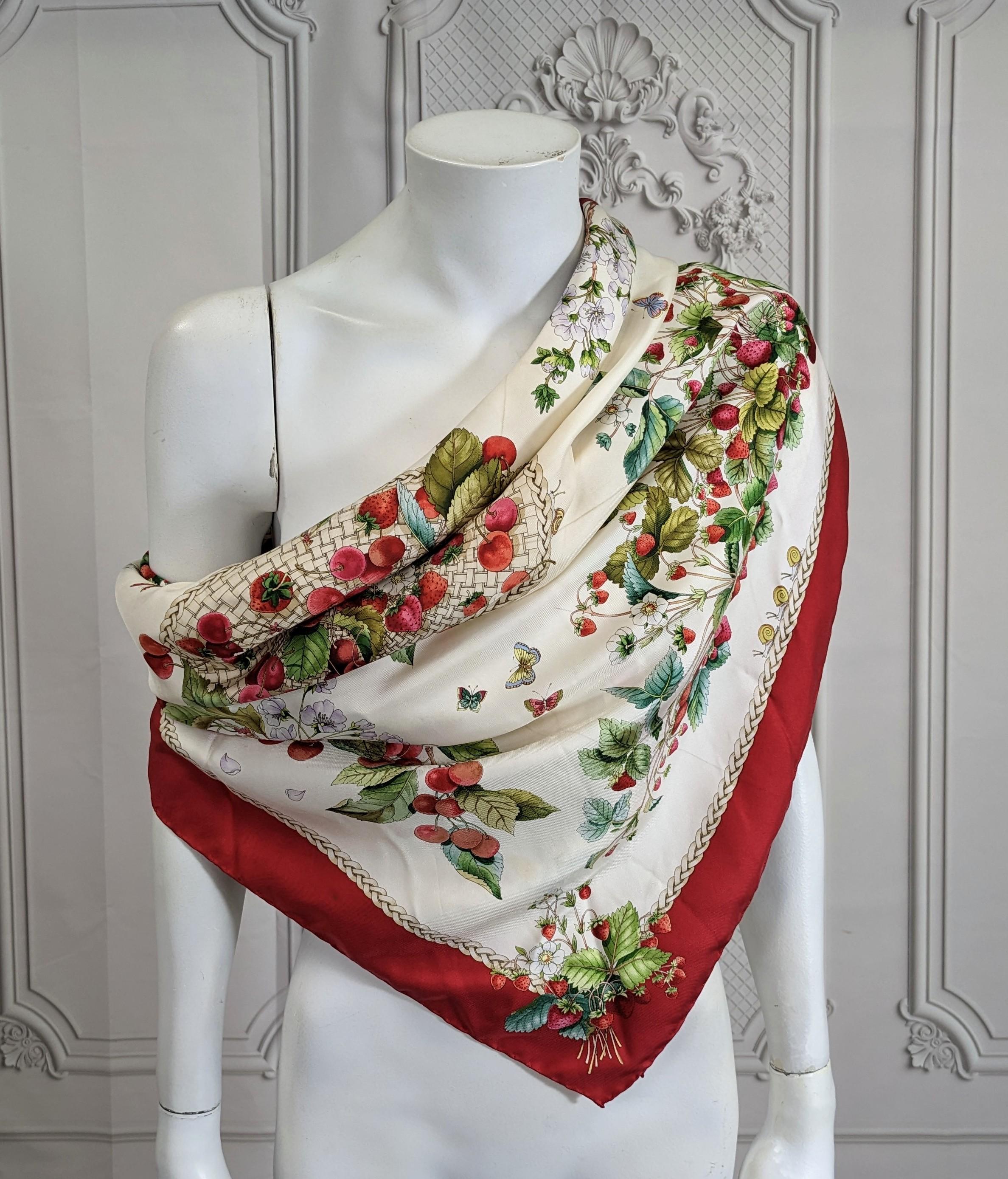 Gucci Iconic Strawberry Print Scarf in silk twill from the 1980's. Print motifs include central strawberry basket with border of strawberries. 1980's Italy. 32