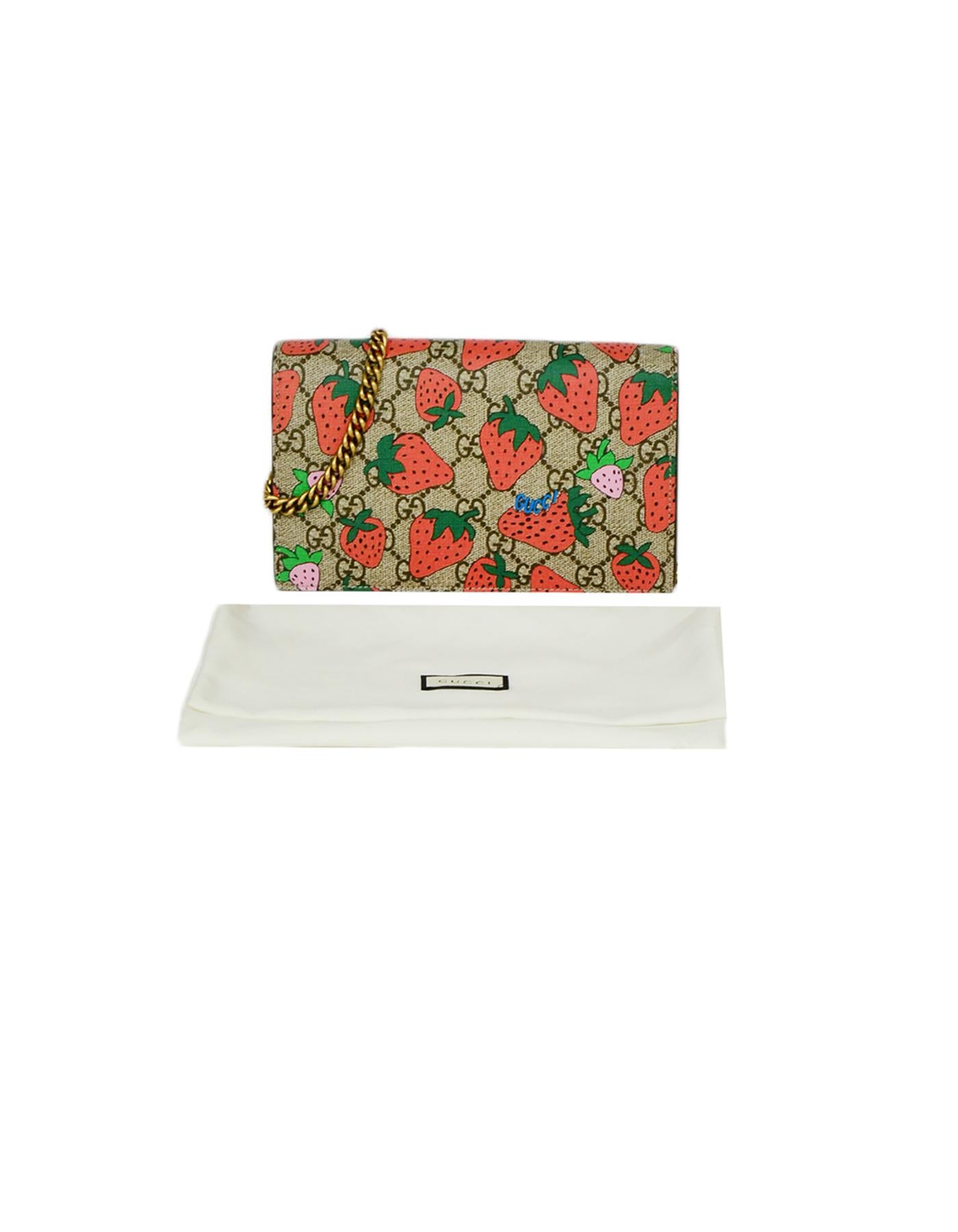 Women's Gucci Strawberry Print GG Supreme Wallet on a Chain Crossbody Bag