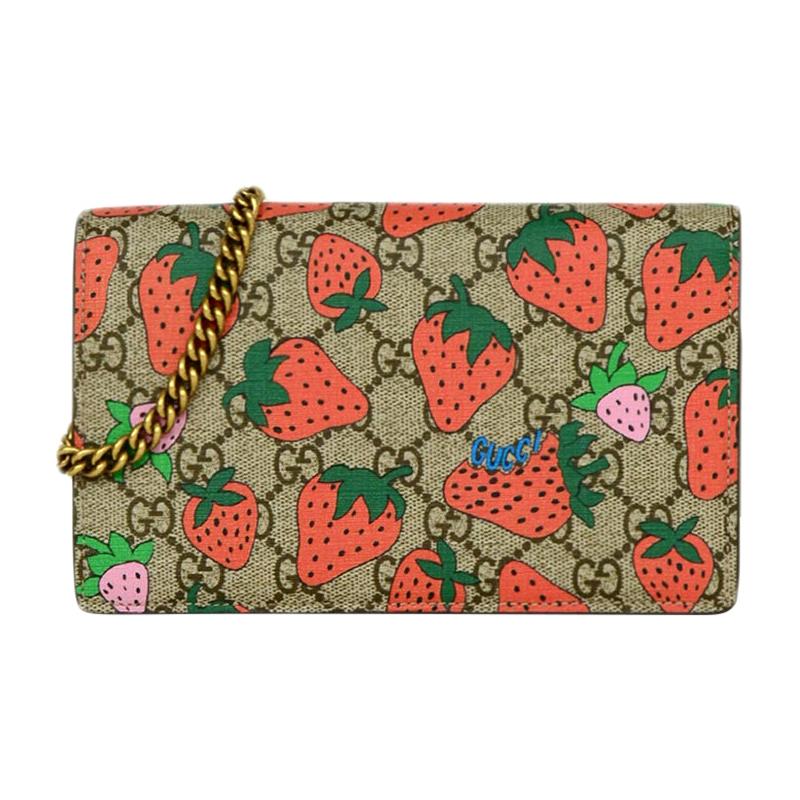 Gucci Strawberry Print GG Supreme Wallet on a Chain Crossbody Bag