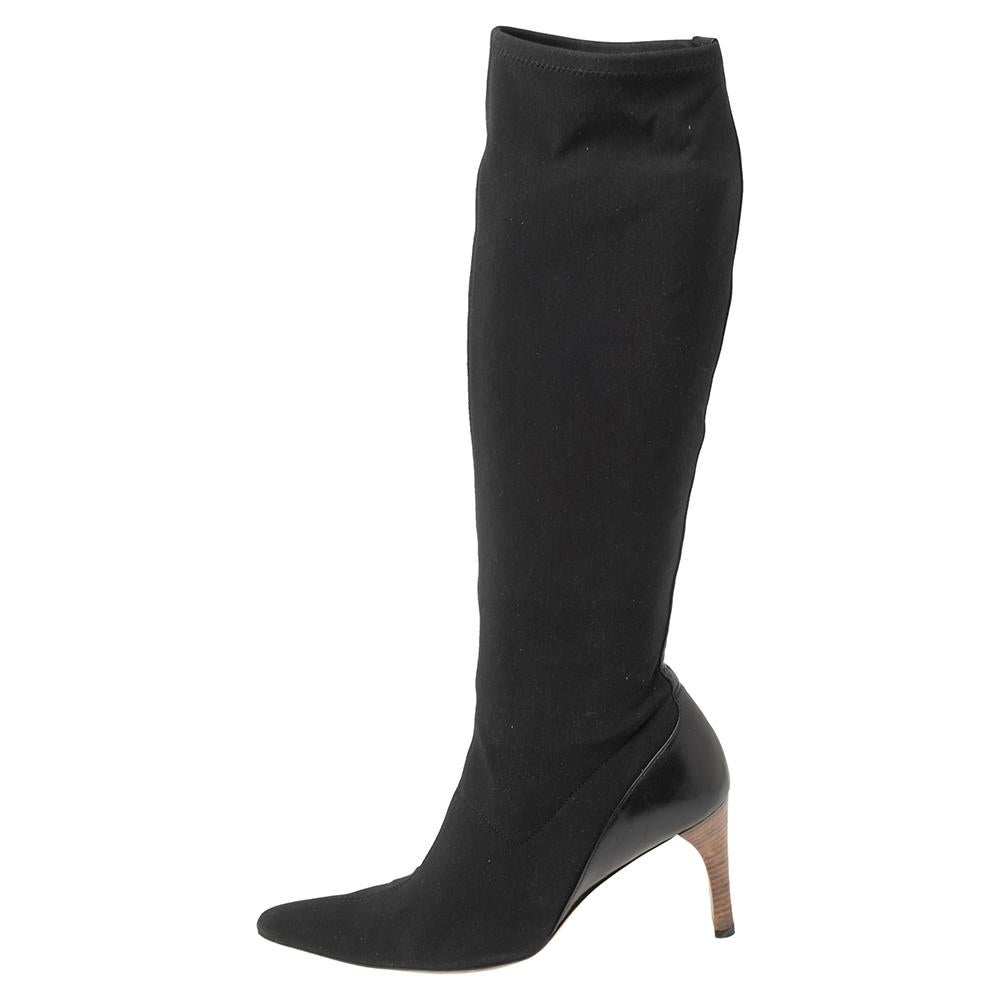 Gucci Stretch Fabric And Leather Knee Length Boots Size 38 In Good Condition In Dubai, Al Qouz 2
