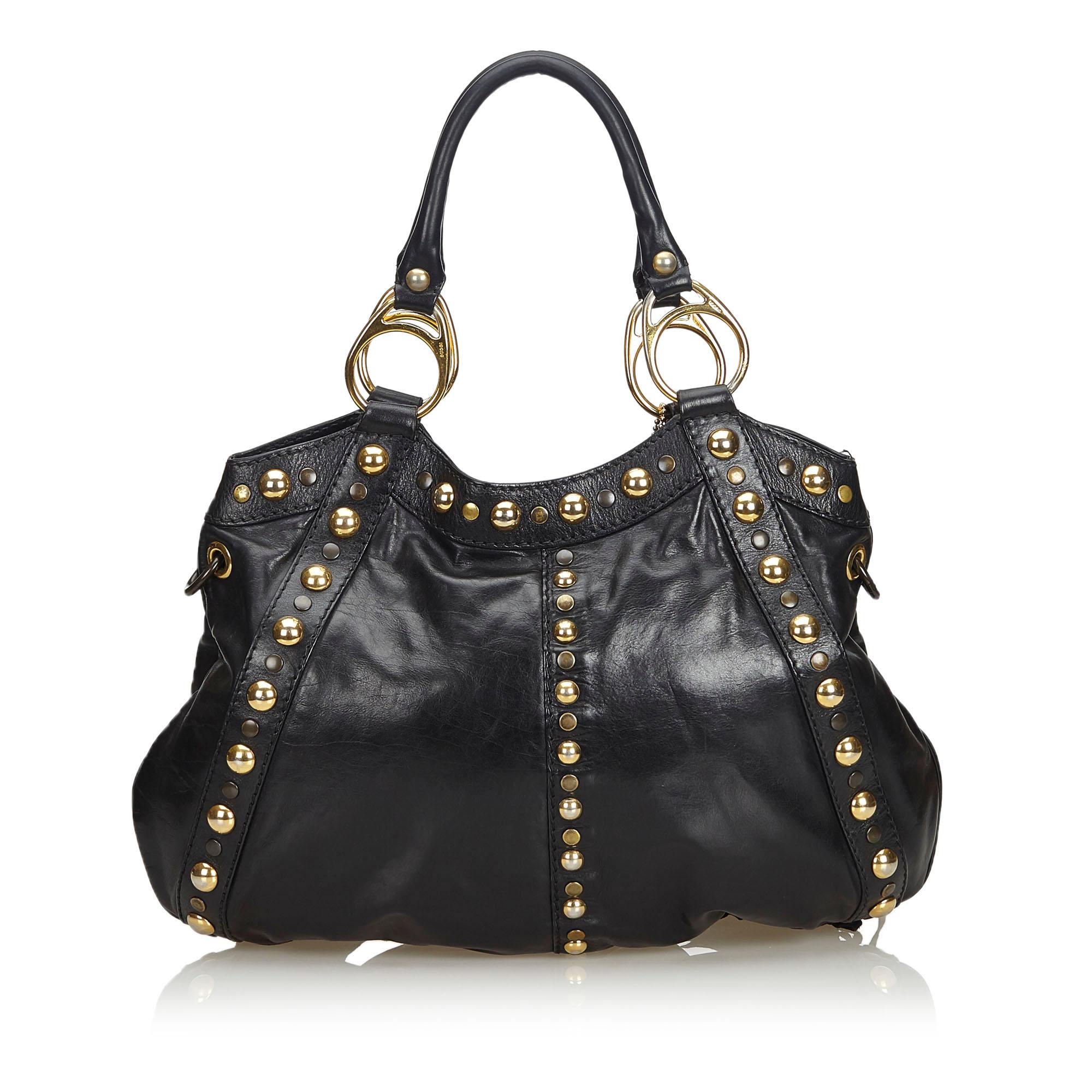 Black Gucci Studded Leather Babouska Fringe Satchel