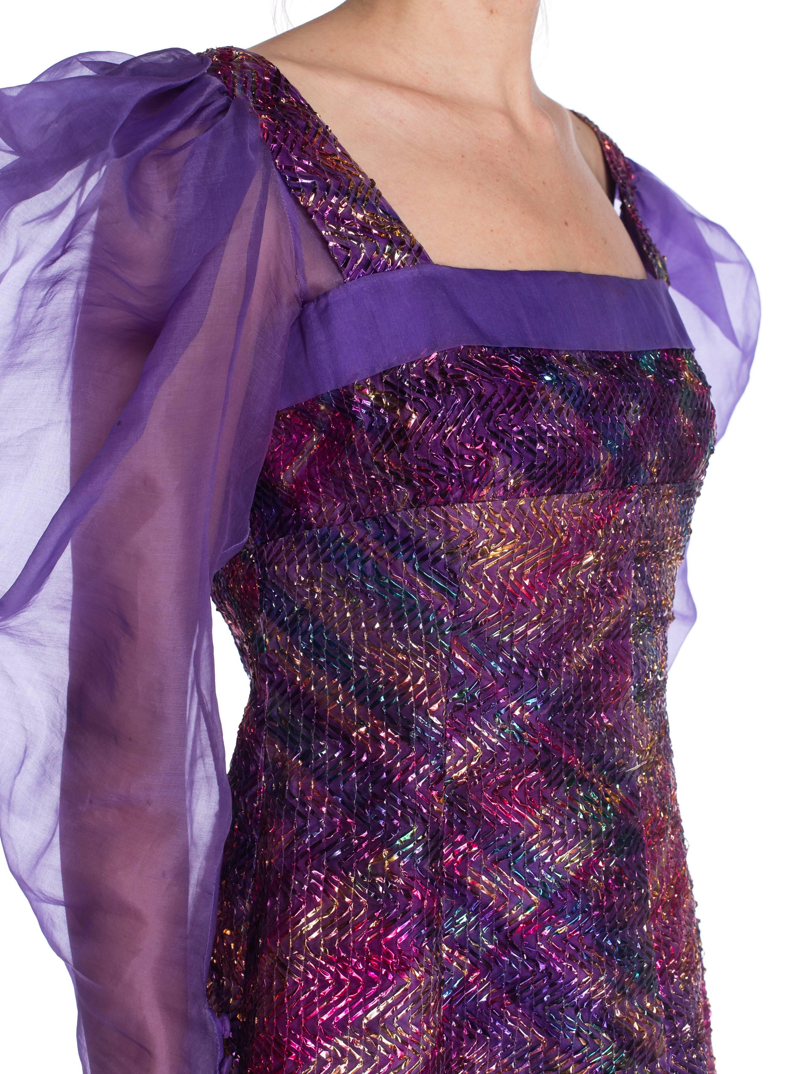 1970S  Pink & Purple Silk Poof Sleeve Organza Metallic Foil Embroidered Gown Fr For Sale 5