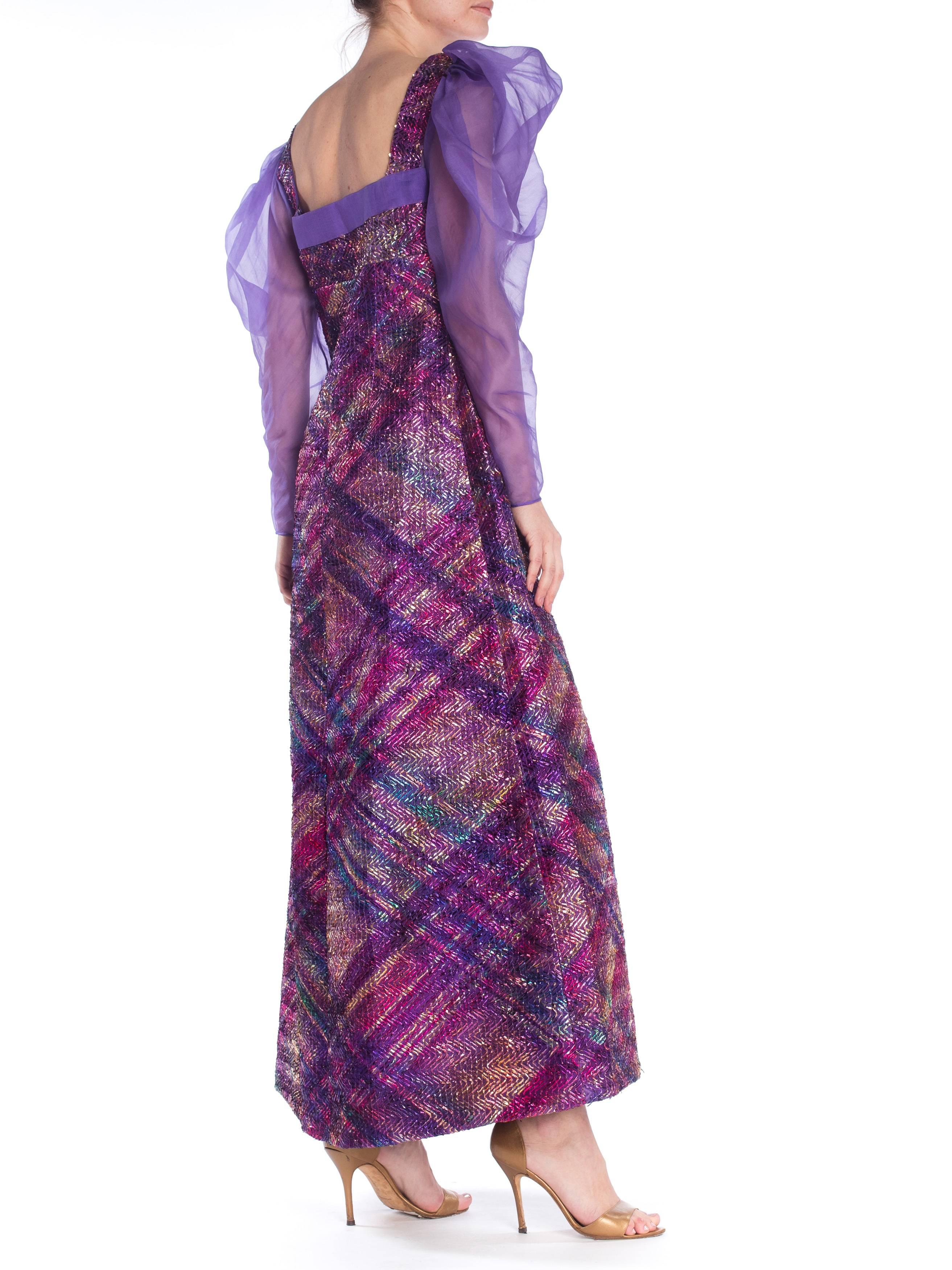 1970S  Pink & Purple Silk Poof Sleeve Organza Metallic Foil Embroidered Gown From Milan