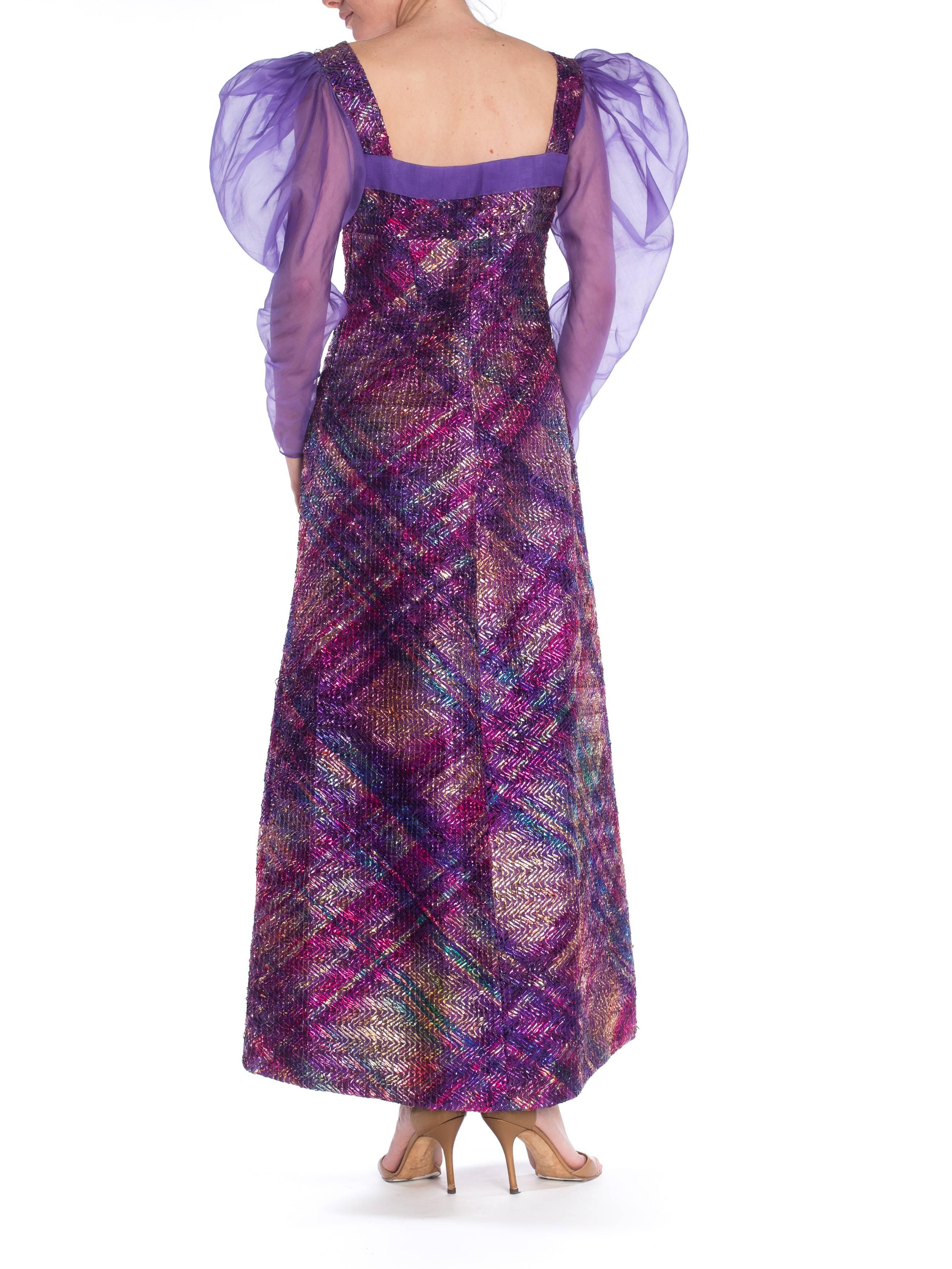 Women's 1970S  Pink & Purple Silk Poof Sleeve Organza Metallic Foil Embroidered Gown Fr For Sale