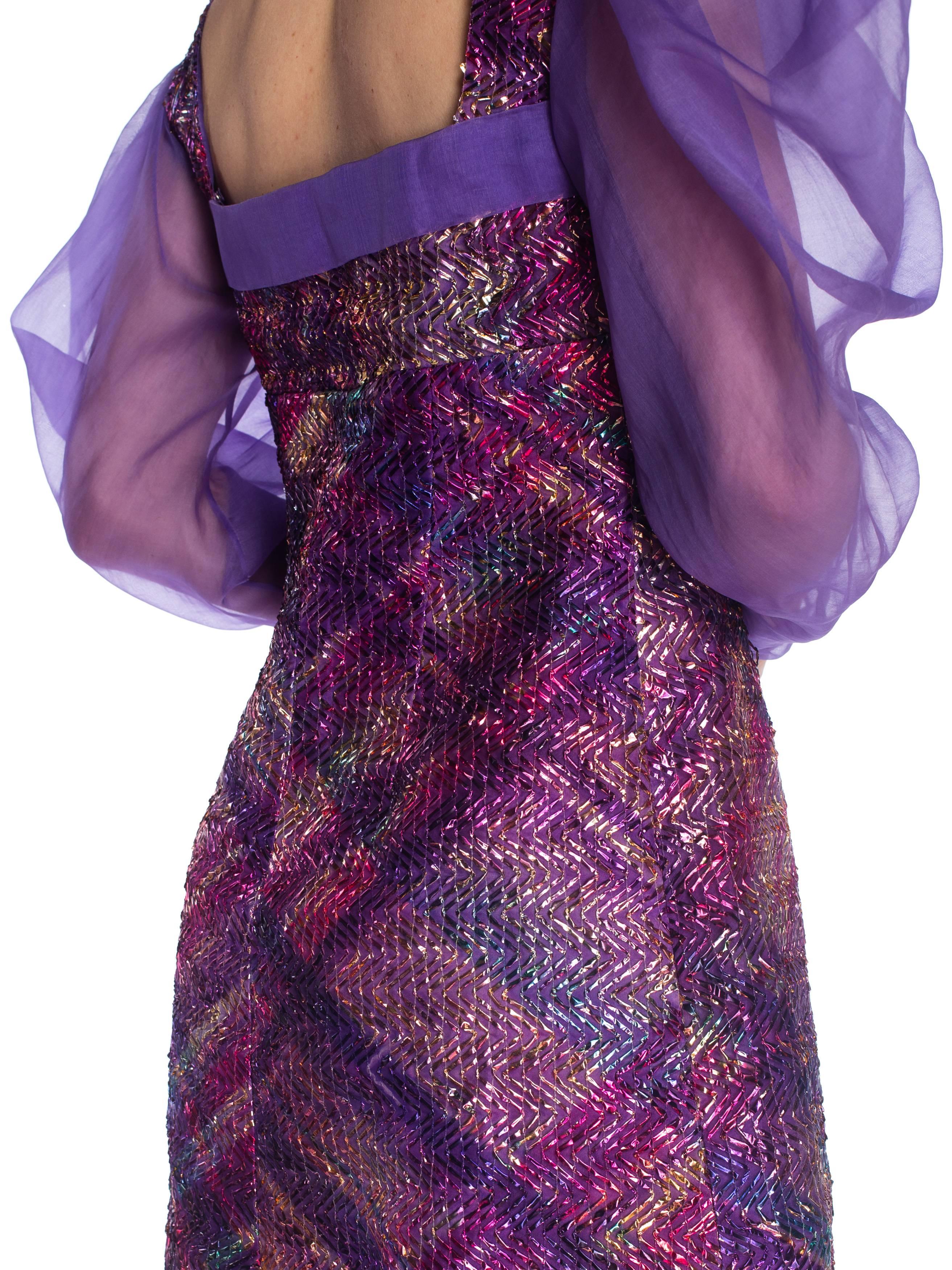 1970S  Pink & Purple Silk Poof Sleeve Organza Metallic Foil Embroidered Gown Fr For Sale 4