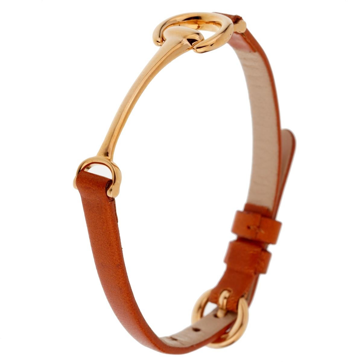 A fabulous handcrafted “Horse bit” bracelet in 18k rose gold with brown calfskin leather strap. The HorseBit is a symbol of elegance in the equestrian world.

Length Upto 7 3/4