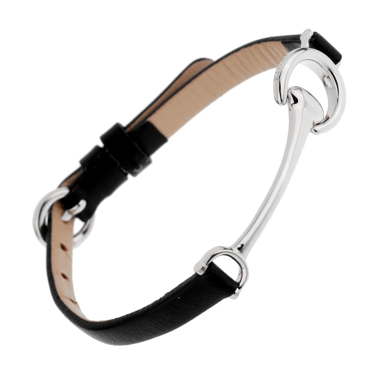 A fabulous handcrafted “Horse bit” bracelet in 18k white gold with black calfskin leather strap. The HorseBit is a symbol of elegance in the equestrian world.

Length Upto 7 3/4