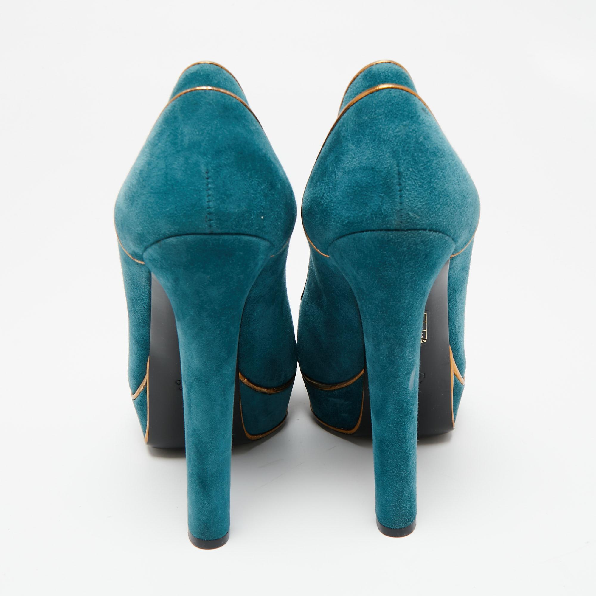 Blue Gucci Suede And Gold Leather Piping Detail Peep Toe Platform Pumps Size 39