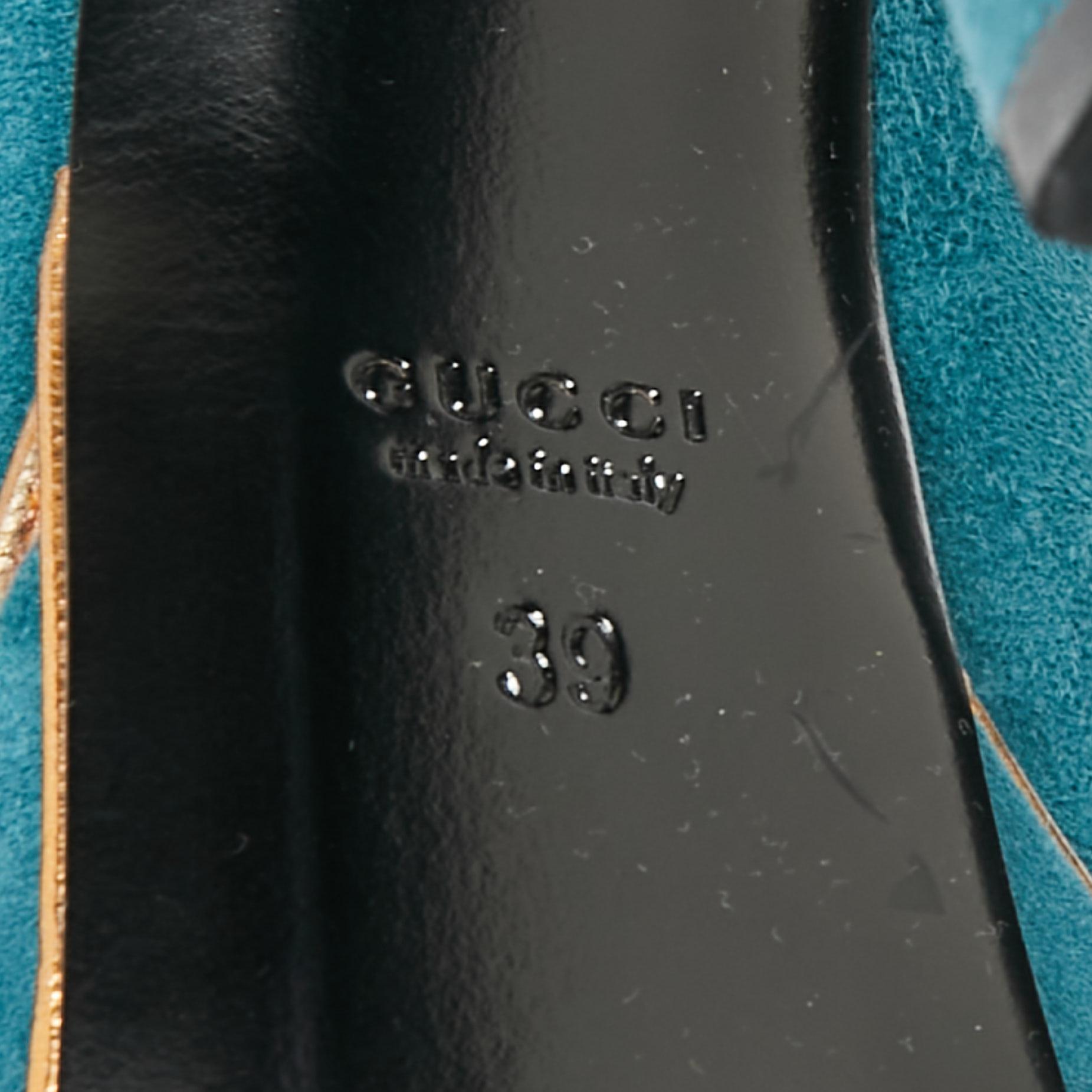 Gucci Suede And Gold Leather Piping Detail Peep Toe Platform Pumps Size 39 In Good Condition In Dubai, Al Qouz 2