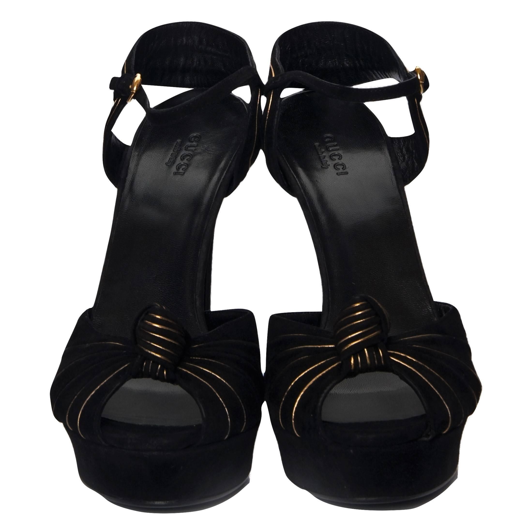 Gucci Suede Black and Gold ADS Runway Platform Heel, Fall Winter 2007 Sz 7.5 en vente 9