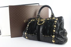 Gucci Suede Fringe Large  Tote 5gz0911 Black Python Skin Leather Shoulder Bag