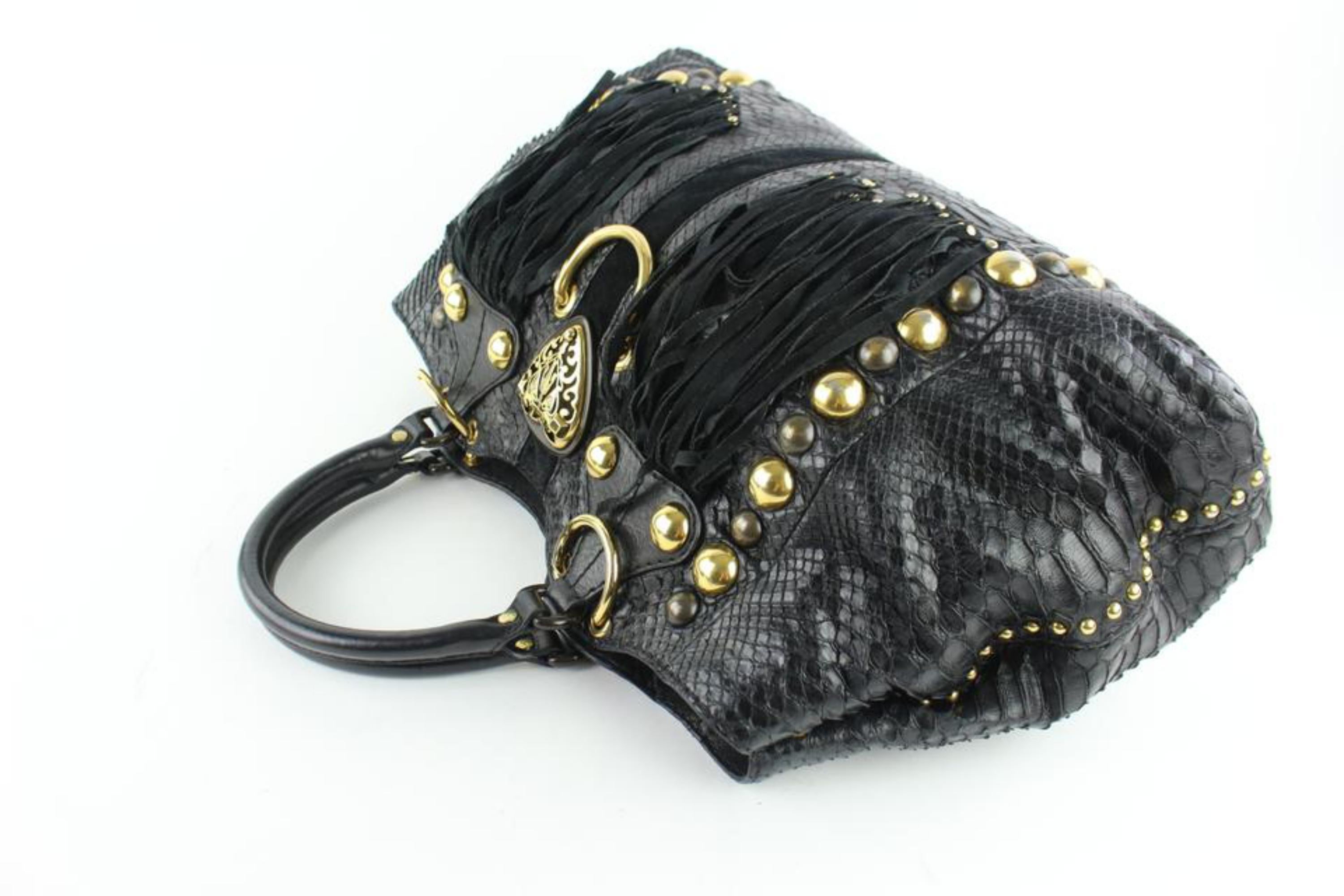 Gucci Suede Fringe Large  Tote 5gz0911 Black Python Skin Leather Shoulder Bag In Good Condition For Sale In Forest Hills, NY