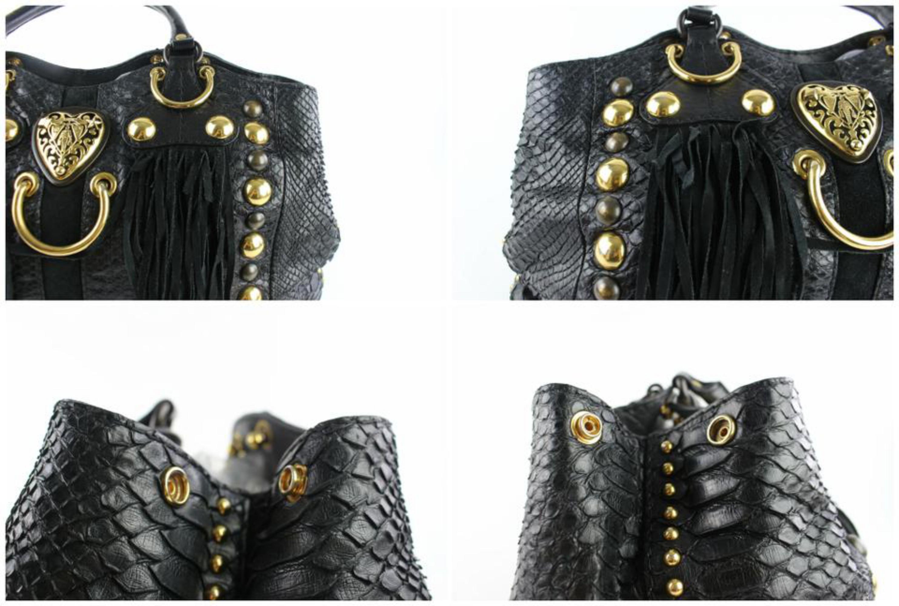 Women's Gucci Suede Fringe Large  Tote 5gz0911 Black Python Skin Leather Shoulder Bag For Sale