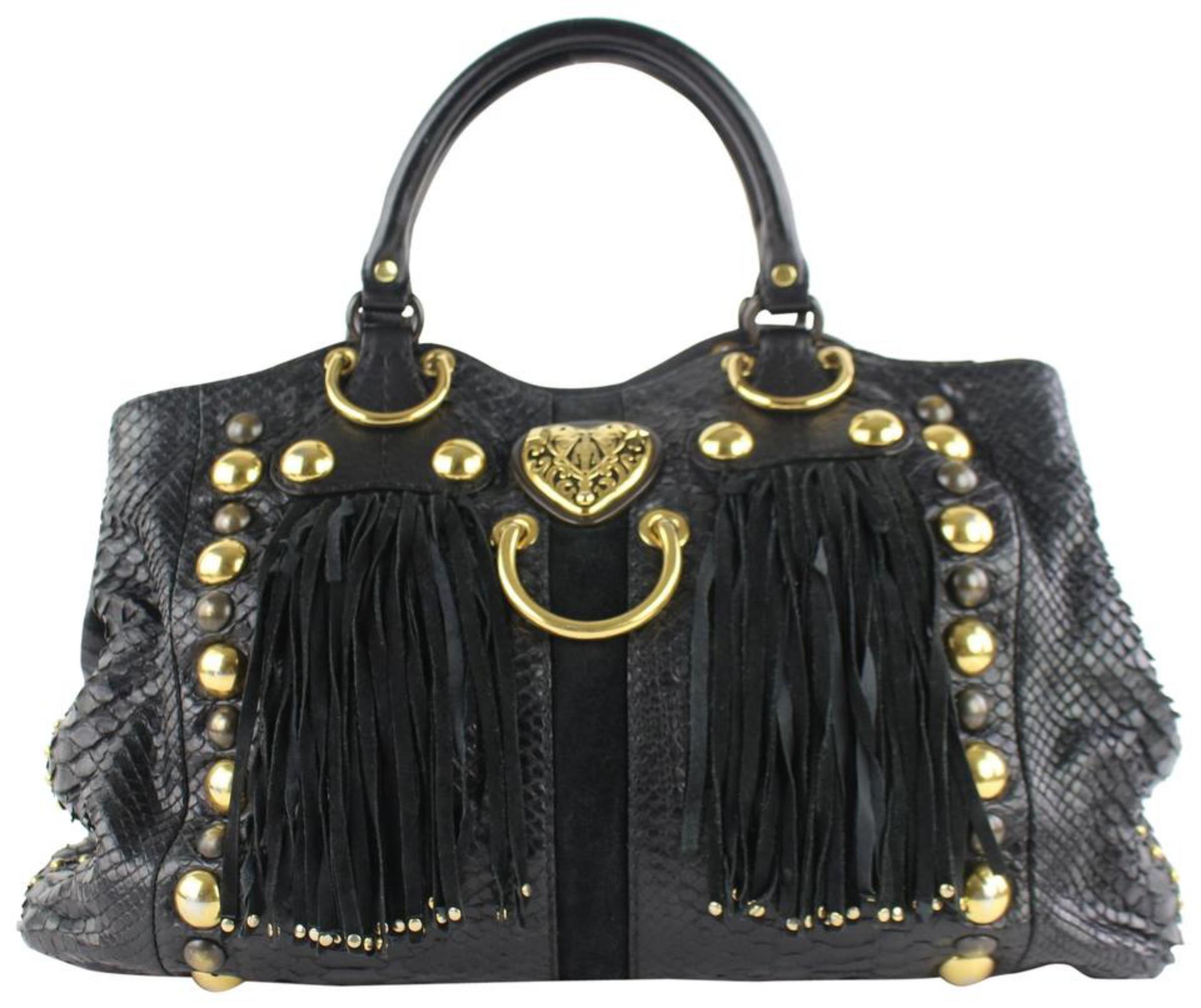 Gucci Suede Fringe Large  Tote 5gz0911 Black Python Skin Leather Shoulder Bag For Sale