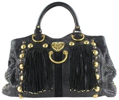 Gucci Suede Fringe Large  Tote 5gz0911 Black Python Skin Leather Shoulder Bag