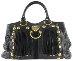Gucci Suede Fringe Large Tote 5gz0911 Black Python Skin Leather Shoulder Bag