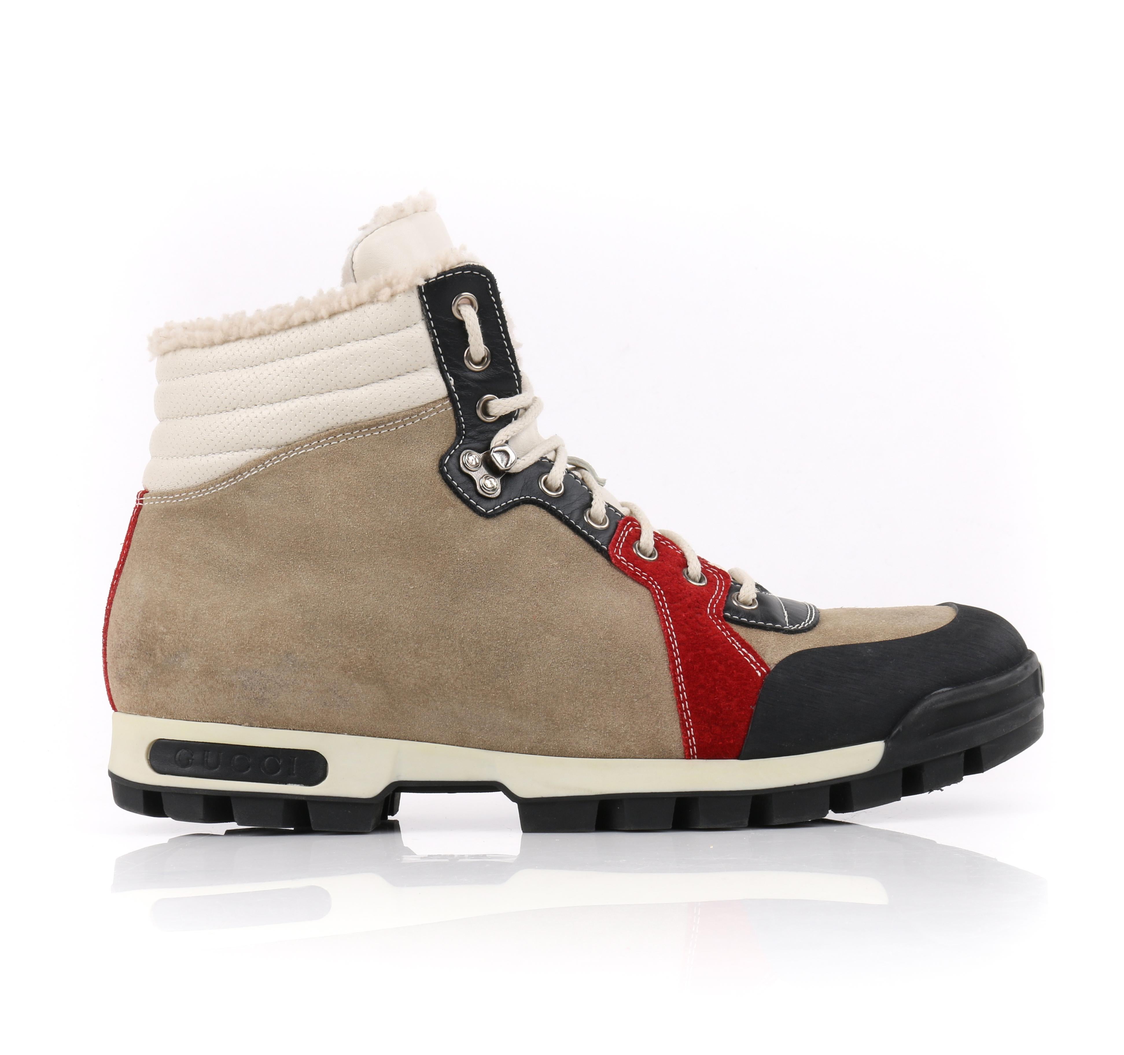 DESCRIPTION: GUCCI Suede Leather Shearling Lace Front Lug Sole Hiking Boots 
 
Brand / Manufacturer: Gucci
Style: Boots
Color(s): Tan with shades of red and black
Lined: Yes
Unmarked Fabric Content (feel of): Upper: suede; lining: shearling (at