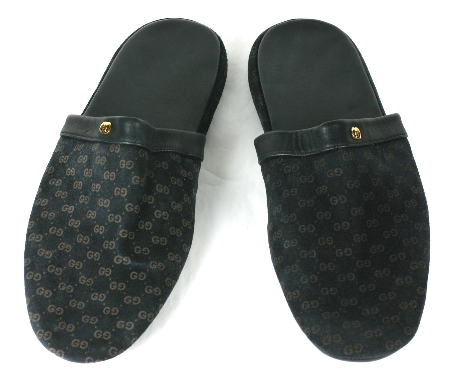 Gucci Embossed Logo Slippers in navy suede with original travel pouch. A gold 
