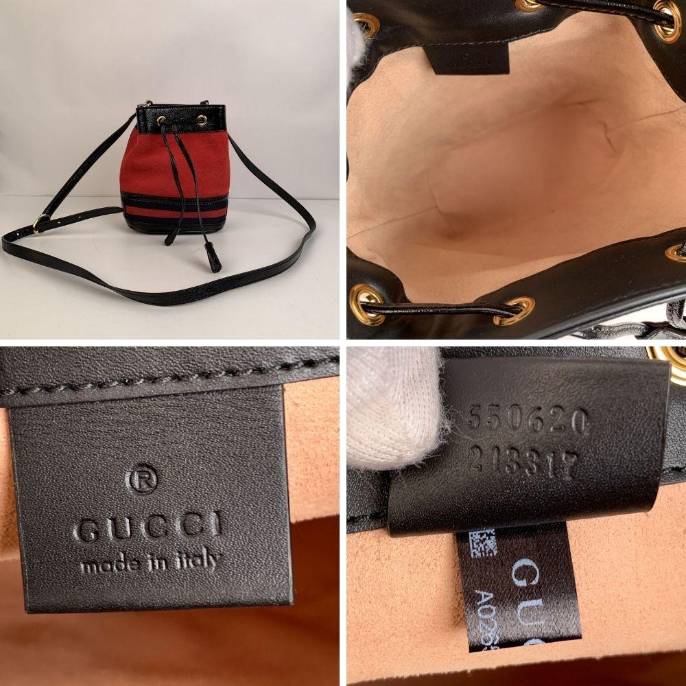 Gucci Suede Signature Web Ophidia Small Bucket Bag Red Black 1
