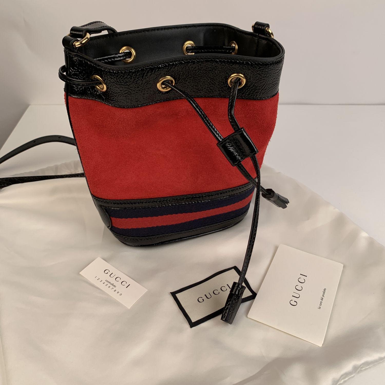 Gucci Suede Signature Web Ophidia Small Bucket Bag Red Black 2