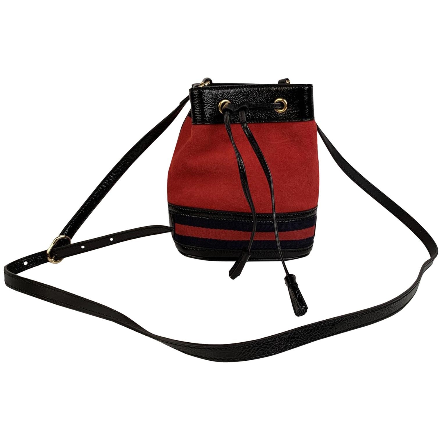 Gucci Suede Signature Web Ophidia Small Bucket Bag Red Black