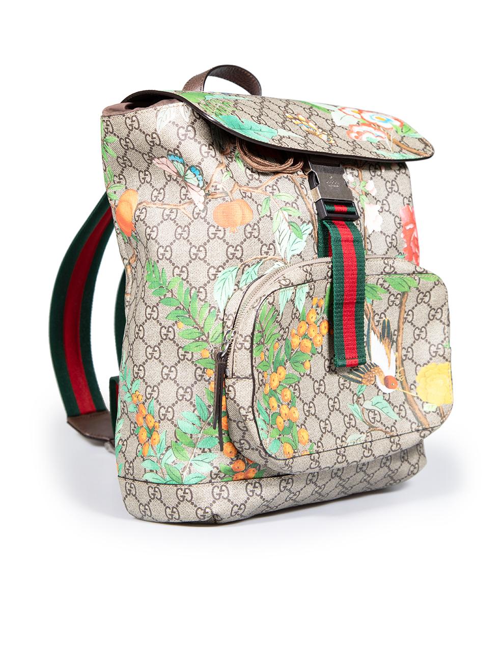 CONDITION is Very good. Hardly any visible wear to the bag is evident on this used Gucci designer resale item.
 
 
 
 Details
 
 
 Multicolour- grey tone
 
 Coated canvas
 
 Large backpack
 
 Logo pattern
 
 Floral and nature print
 
 1x Brown