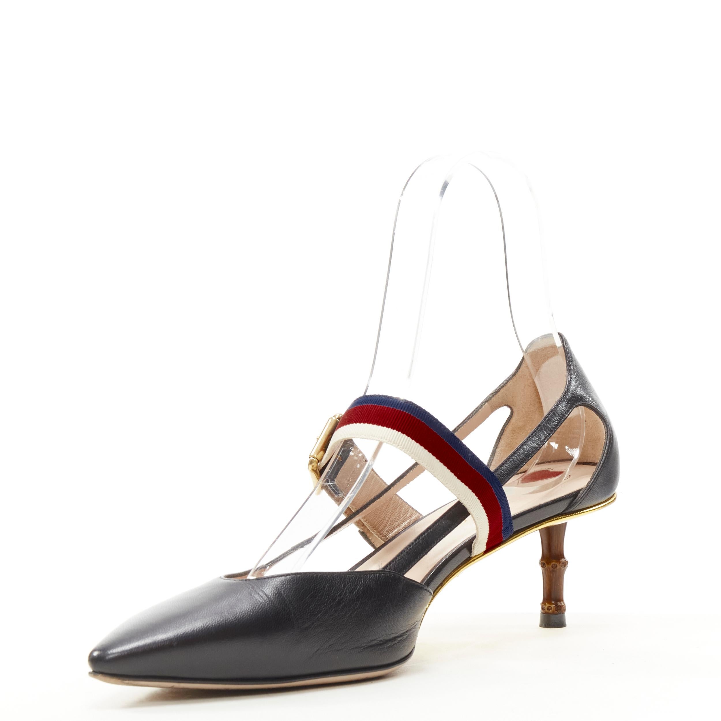 GUCCI Sylvie black leather web strap bamboo heel cut out pump EU38.5 In Good Condition In Hong Kong, NT