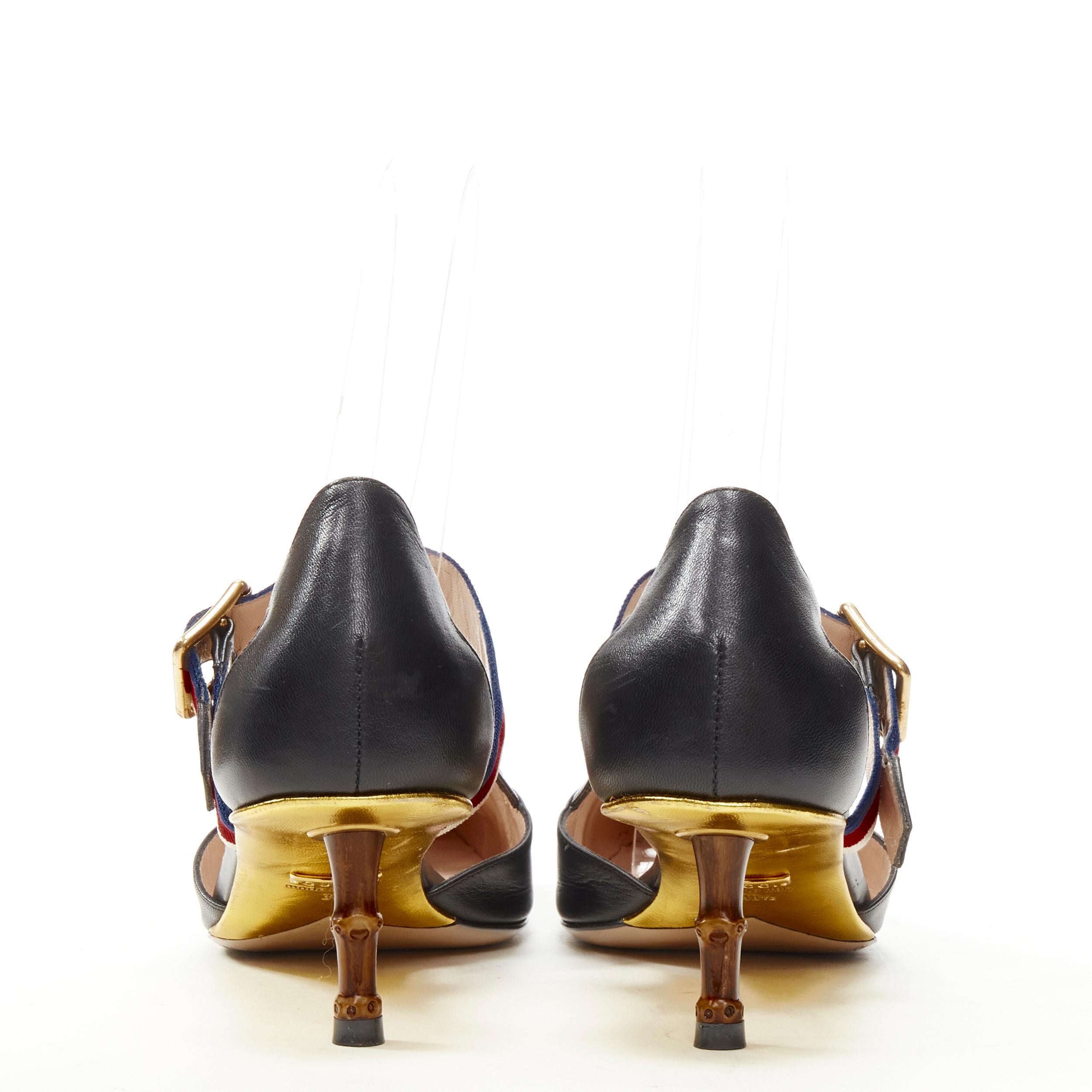 Women's GUCCI Sylvie black leather web strap bamboo heel cut out pump EU38.5