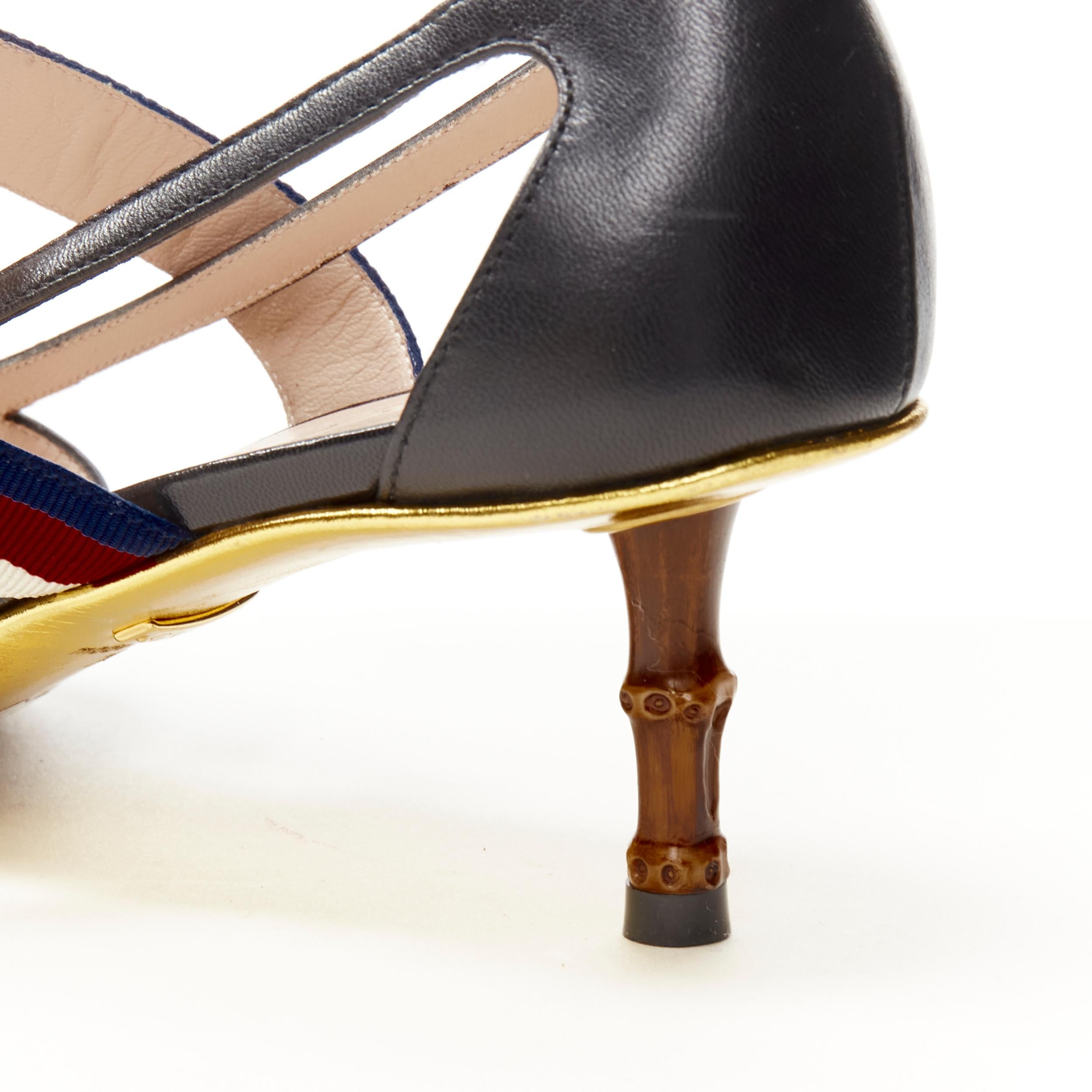 GUCCI Sylvie black leather web strap bamboo heel cut out pump EU38.5 3