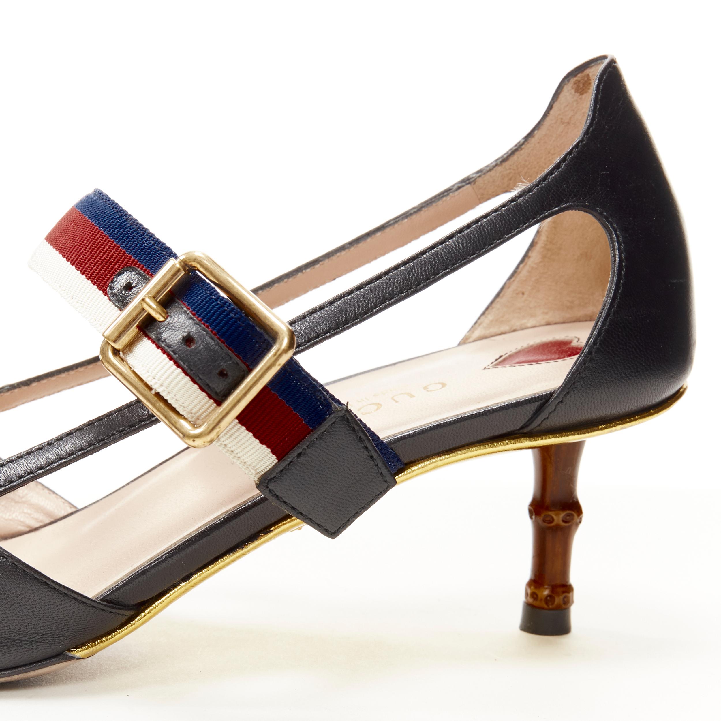 GUCCI Sylvie black leather web strap bamboo heel cut out pump EU38.5 4
