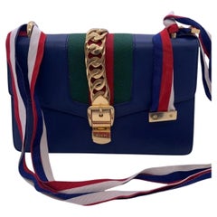 Gucci Sylvie Blue Leather Bag Gold Buckle Web Strap