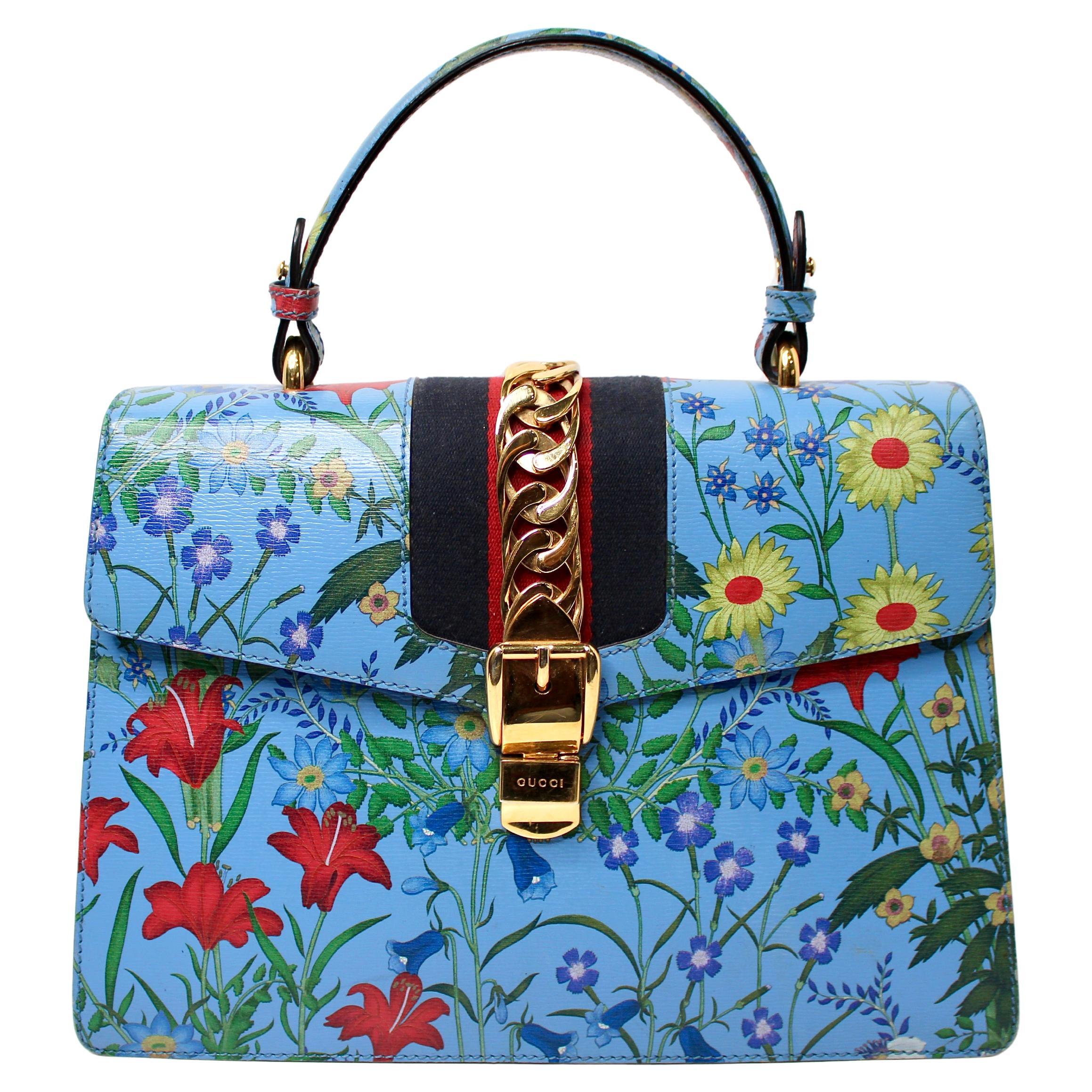 Gucci Sylvie Calfskin Flora Print Top Handle Bag
