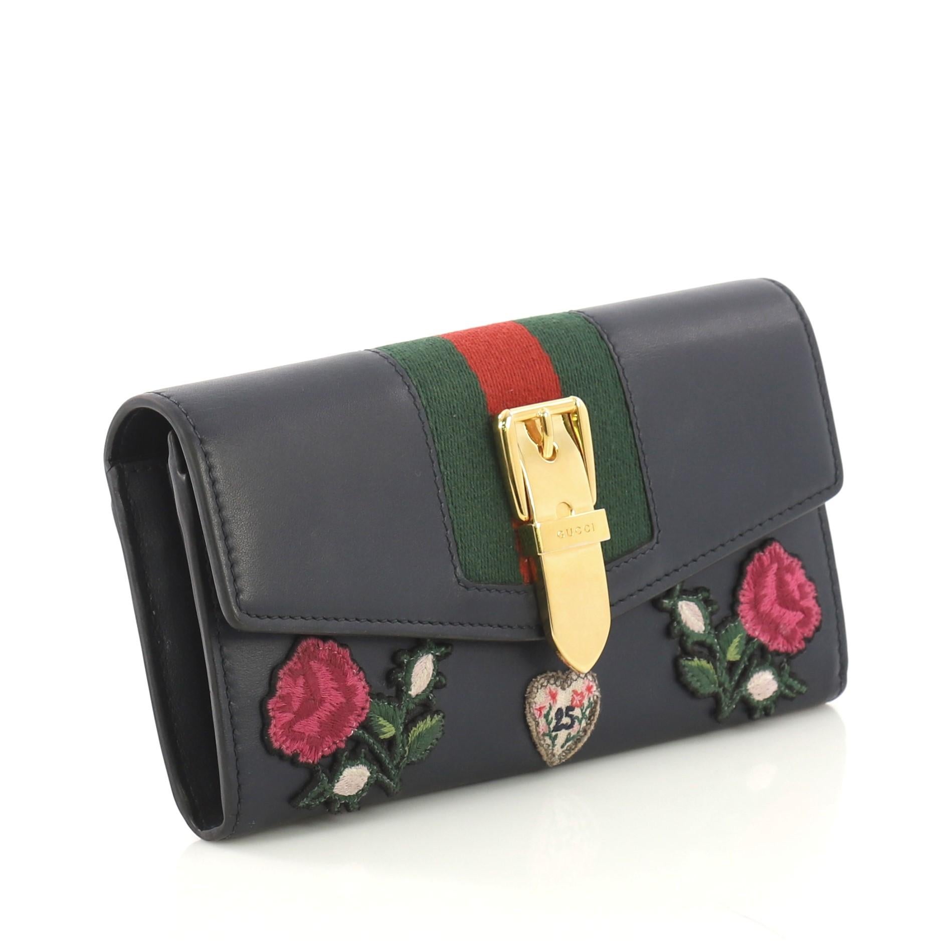 Black Gucci Sylvie Continental Wallet Embroidered Leather