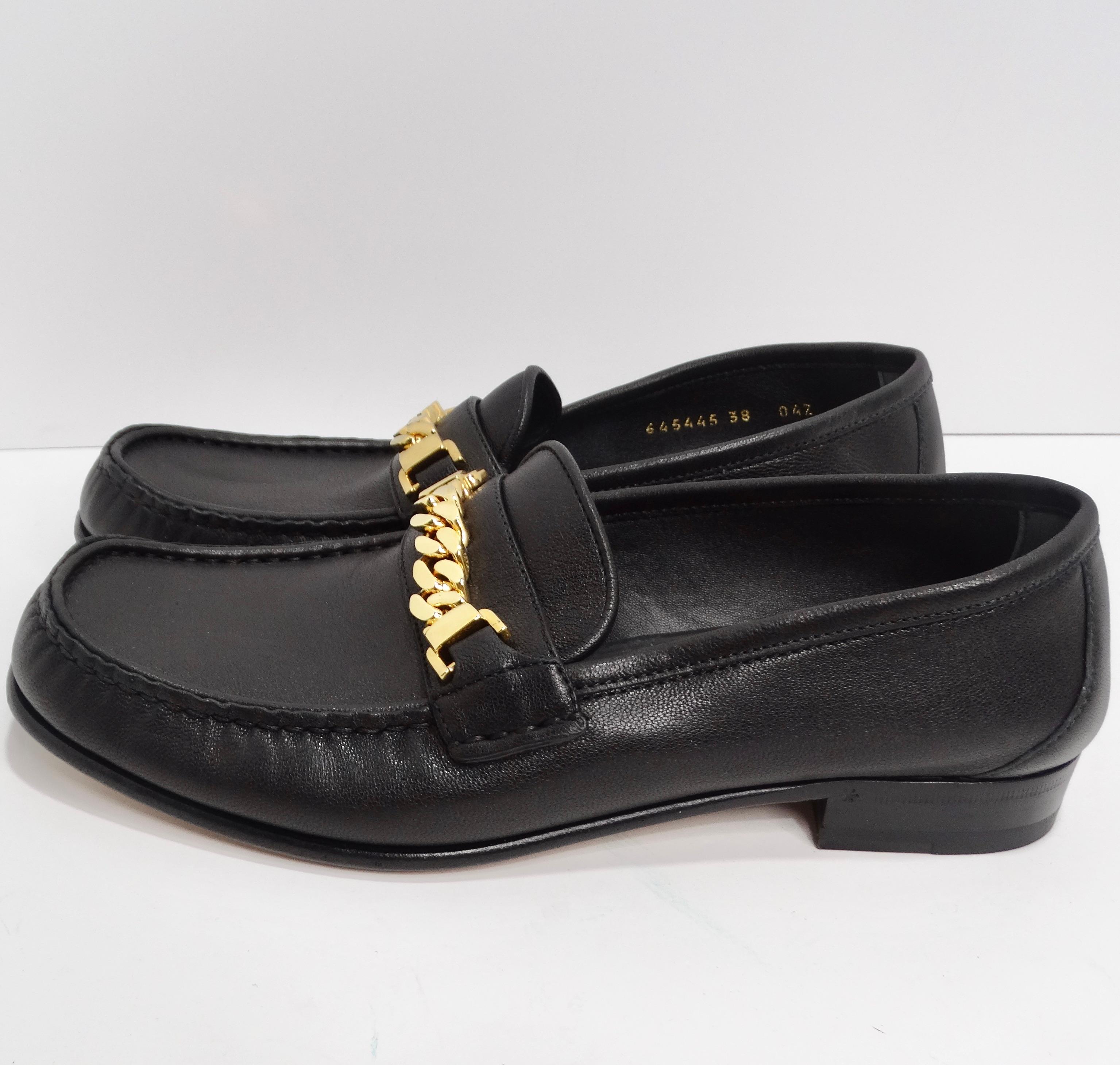 Gucci Sylvie Gold Tone Chain Loafers Black Leather For Sale 3