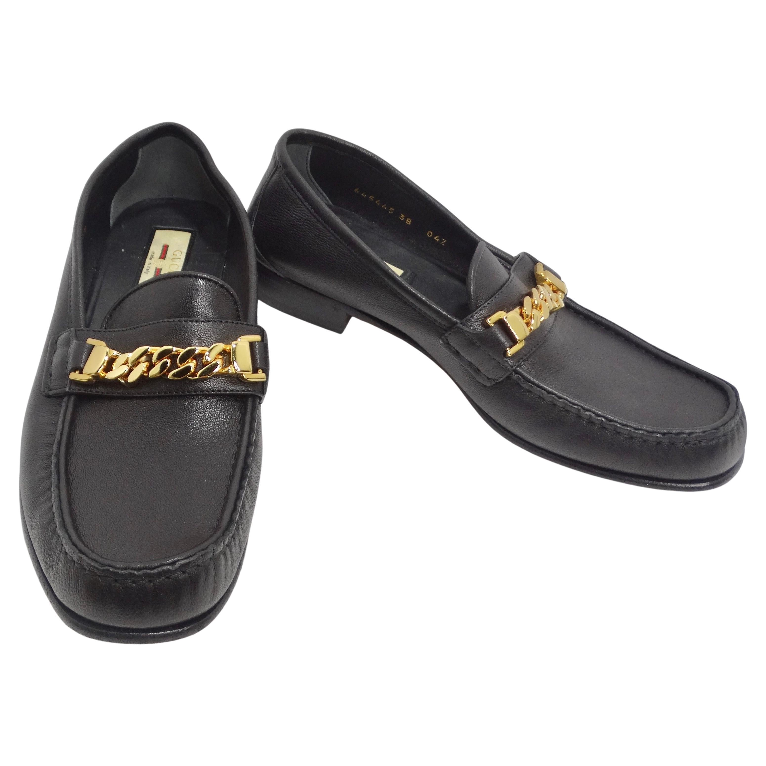 Gucci Sylvie Gold Tone Chain Loafers Black Leather For Sale