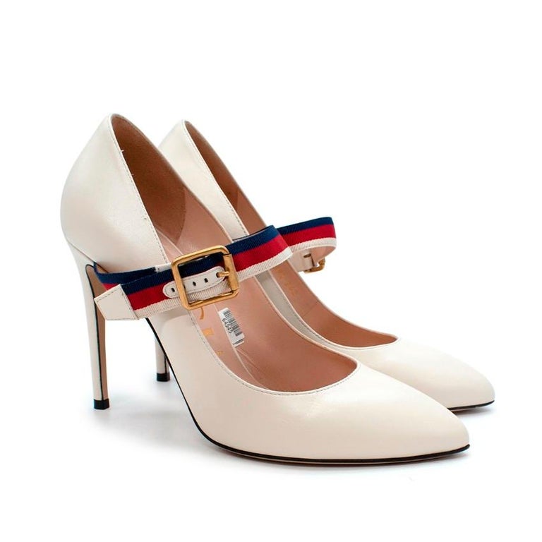 Gucci Sylvie Ivory Leather Mary Jane Web Strap Pumps - US 9 For Sale at  1stDibs