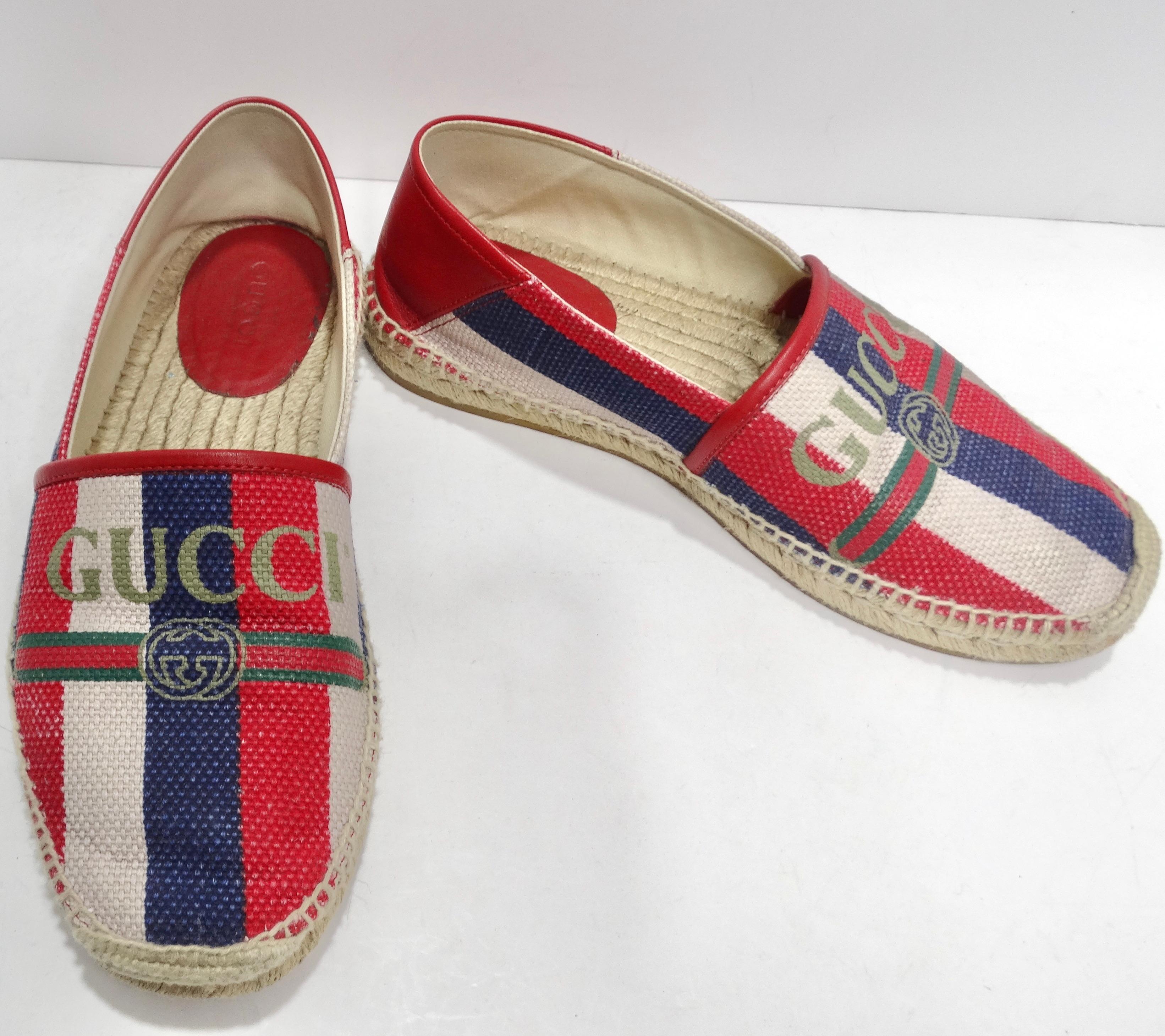 Step into style with the Gucci Sylvie Logo Espadrilles—an iconic pair that effortlessly combines classic design with a vibrant pop of color. These espadrilles aren't just shoes; they are a statement of comfort, fashion, and the unmistakable flair of