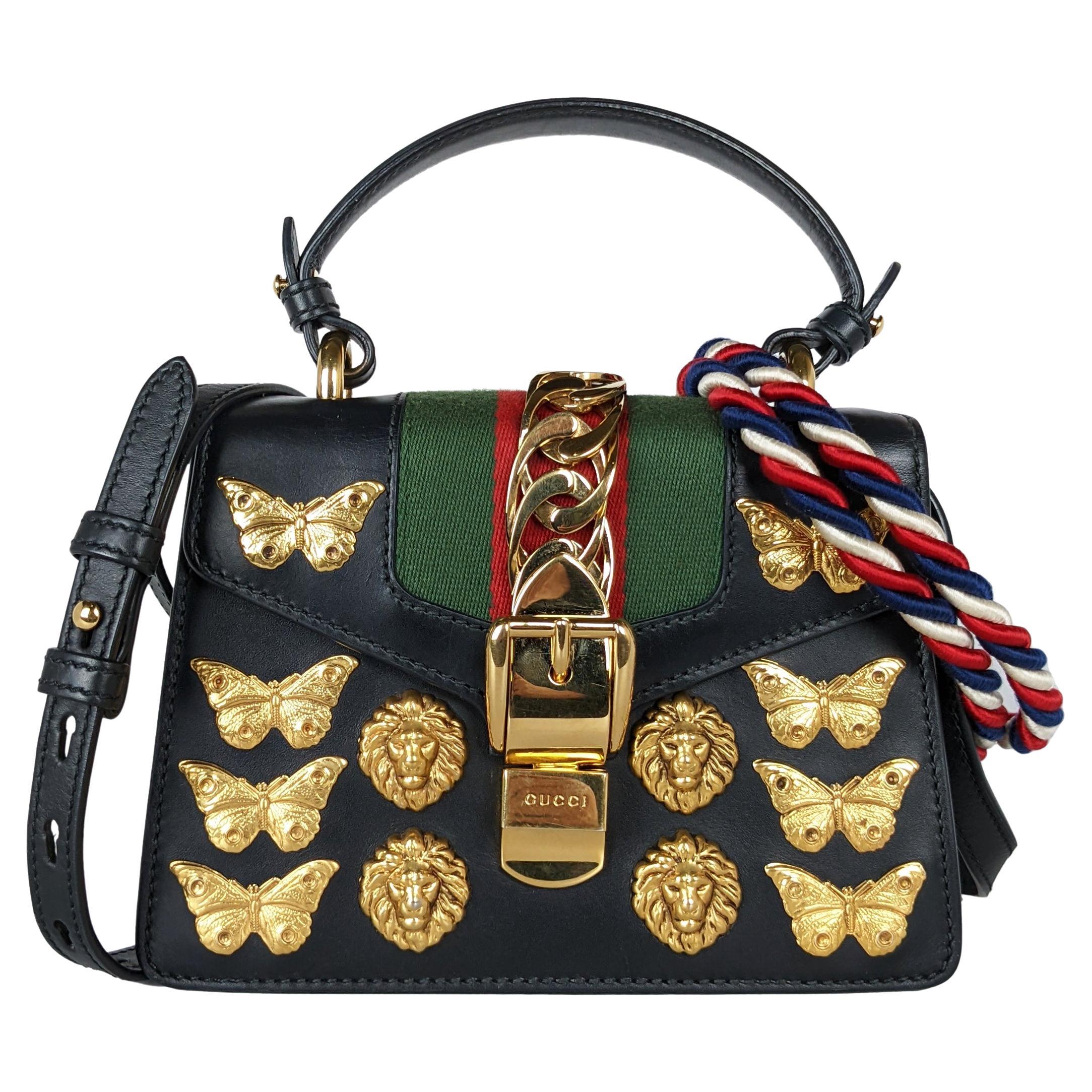 Gucci Black Animal Stud Calfskin Medium Sylvie Top Handle Bag Gold Hardware  Available For Immediate Sale At Sotheby's