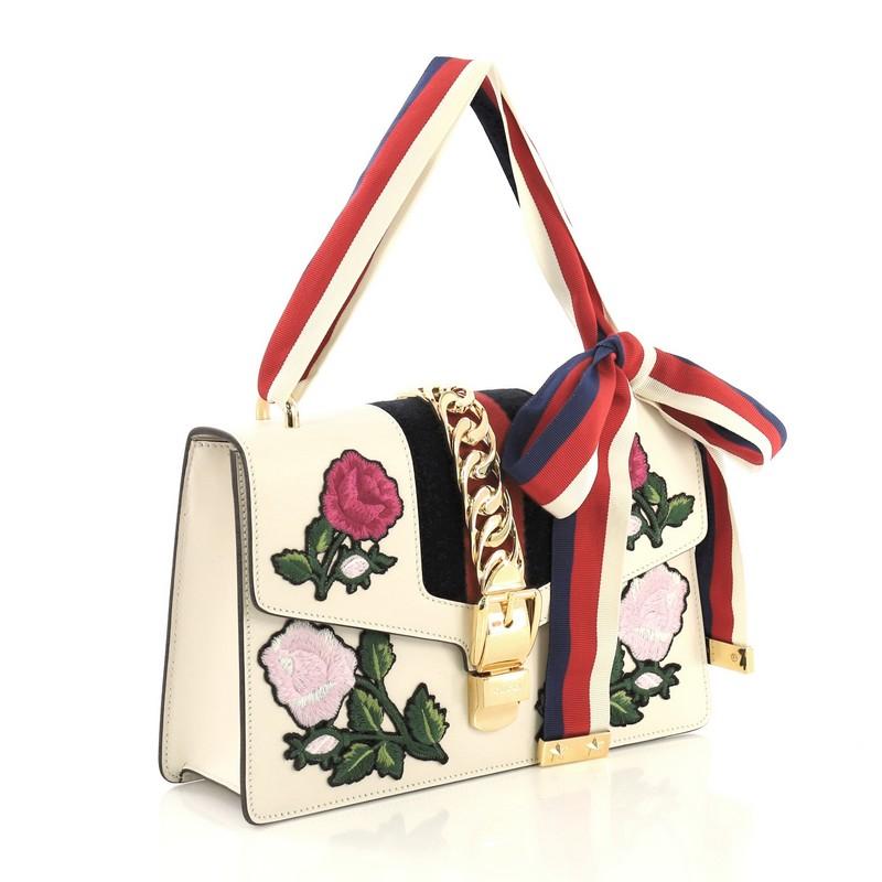 Beige Gucci Sylvie Shoulder Bag Embroidered Leather Small
